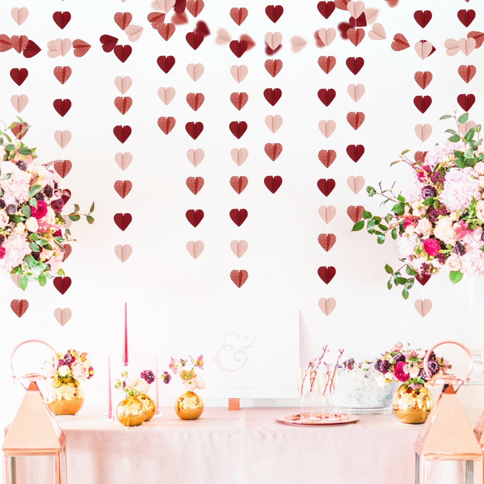Rose-Gold Pink Burgundy-Red 3D-Heart Garland - 39Ft Valentines Day Party Decorations Hanging Paper Streamers Banner,Engagement W