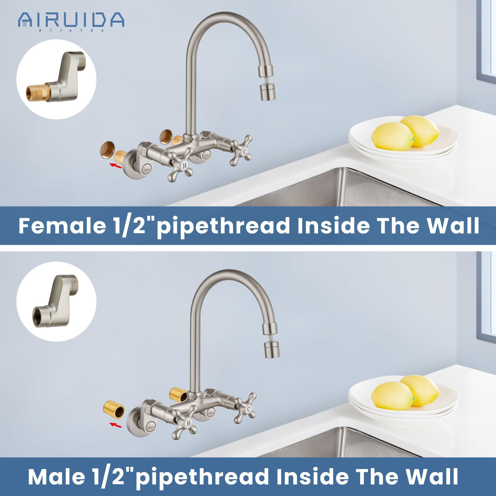 Airuida Bruhsed Nickel Wall Mount Kitchen Sink Faucet with Sprayer Wall Mounted Kitchen Faucet 6 Inch Center Double Handles 360 Degree Swivel Spout Utility Laundry Restaurant Commercial Mixer Tap