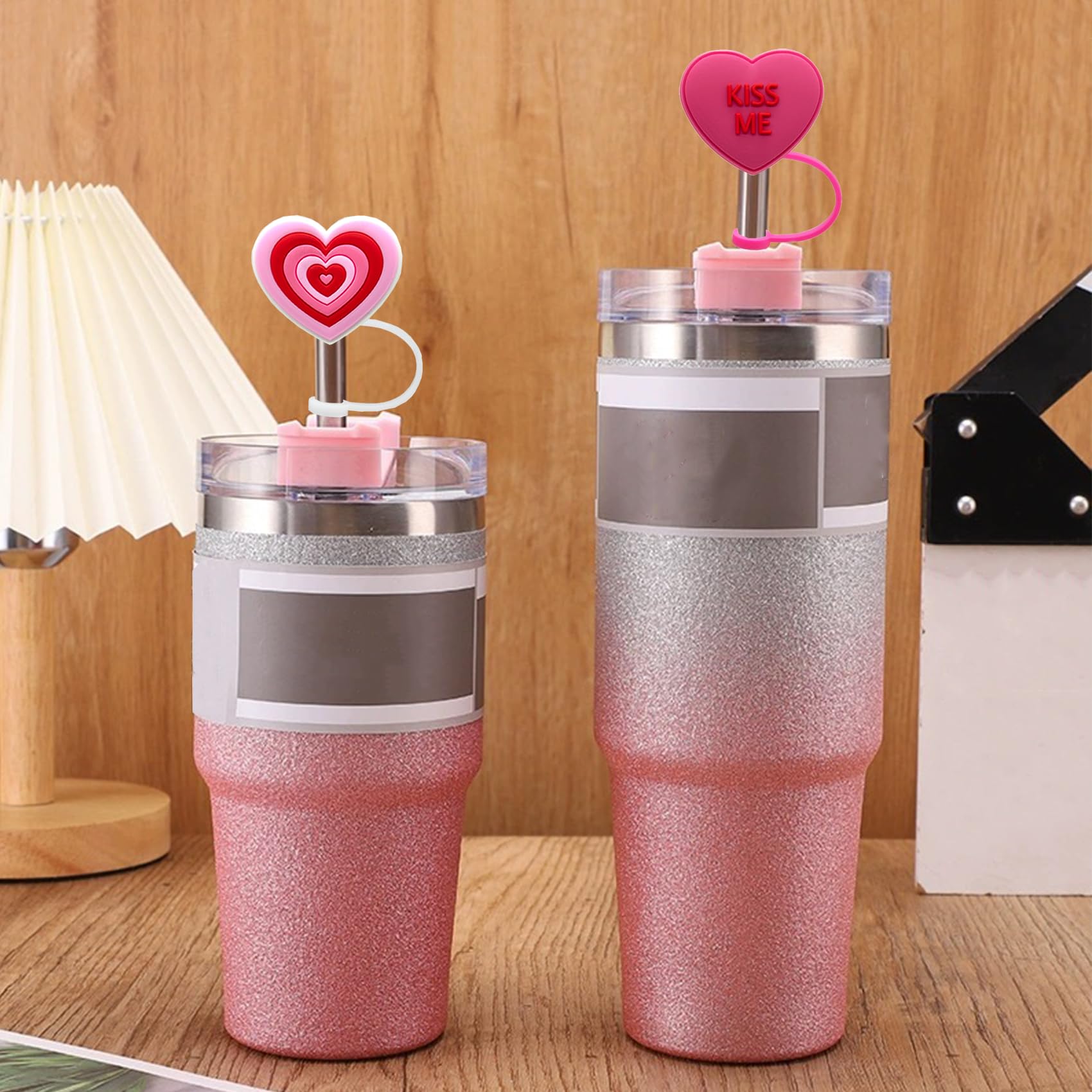 Zoranala 40oz 30oz Tumbler with Handle - Hot Pink Straw Toppers, Heart Covers, Silicone, Model 004-6