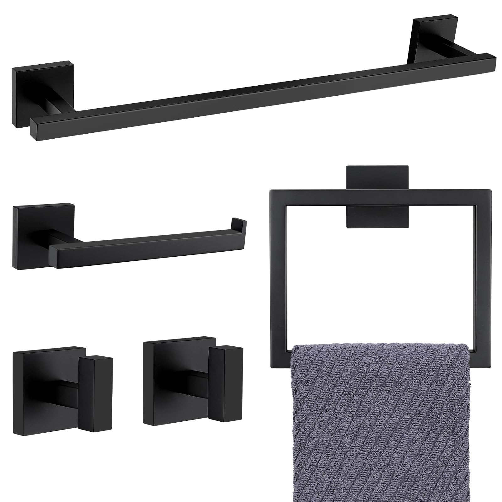 Yacvcl Black Towel Bar Set 5-Piece Bathroom Hardware Set,Square Sus304 Stainless Steel - 23.6 Inch Wall Mounted Towel Rack,Toile