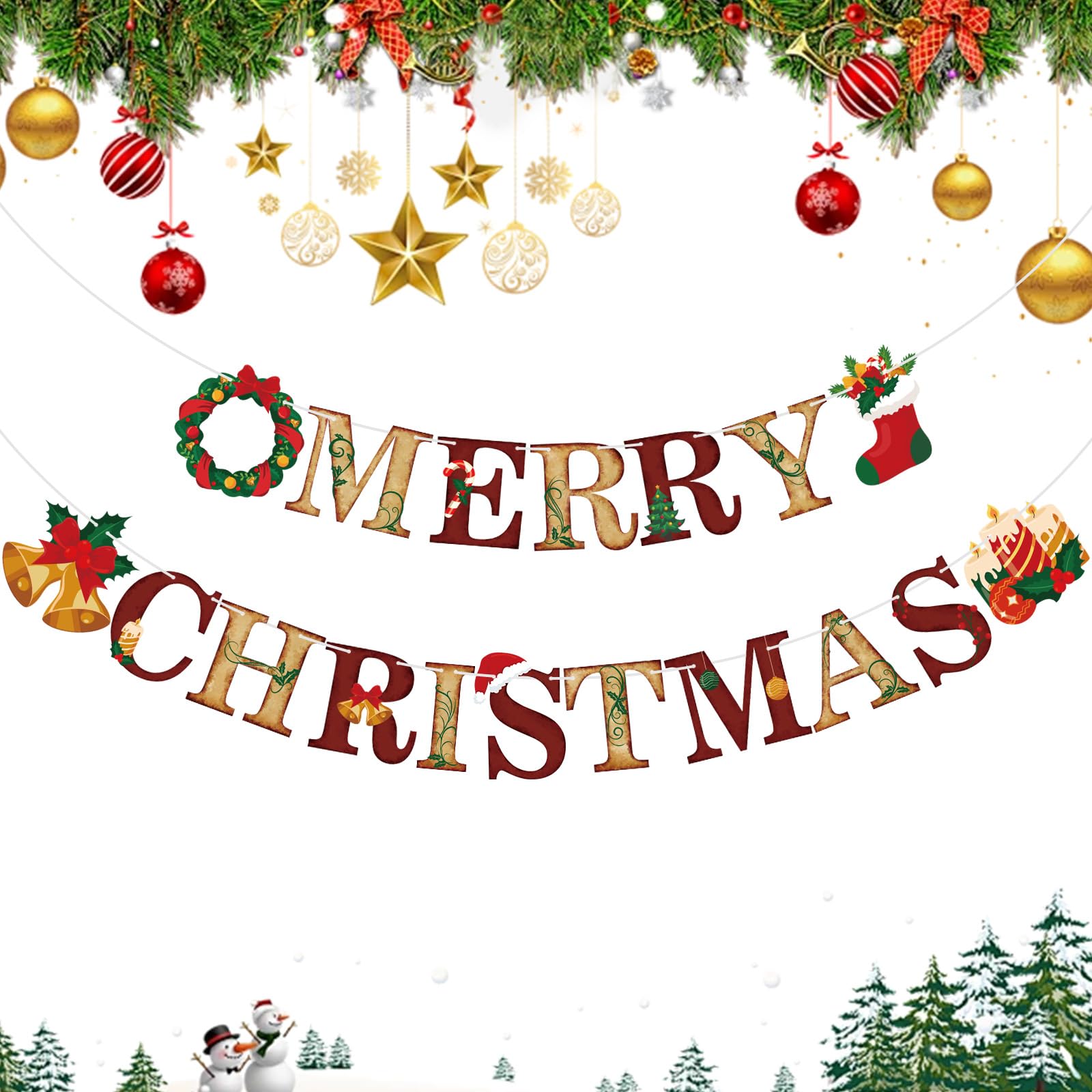 Lemicin Vintage Merry Christmas Banner Christmas Bunting Garland Traditional Old Xmas Holiday Celebration Hanging Decor for Indo