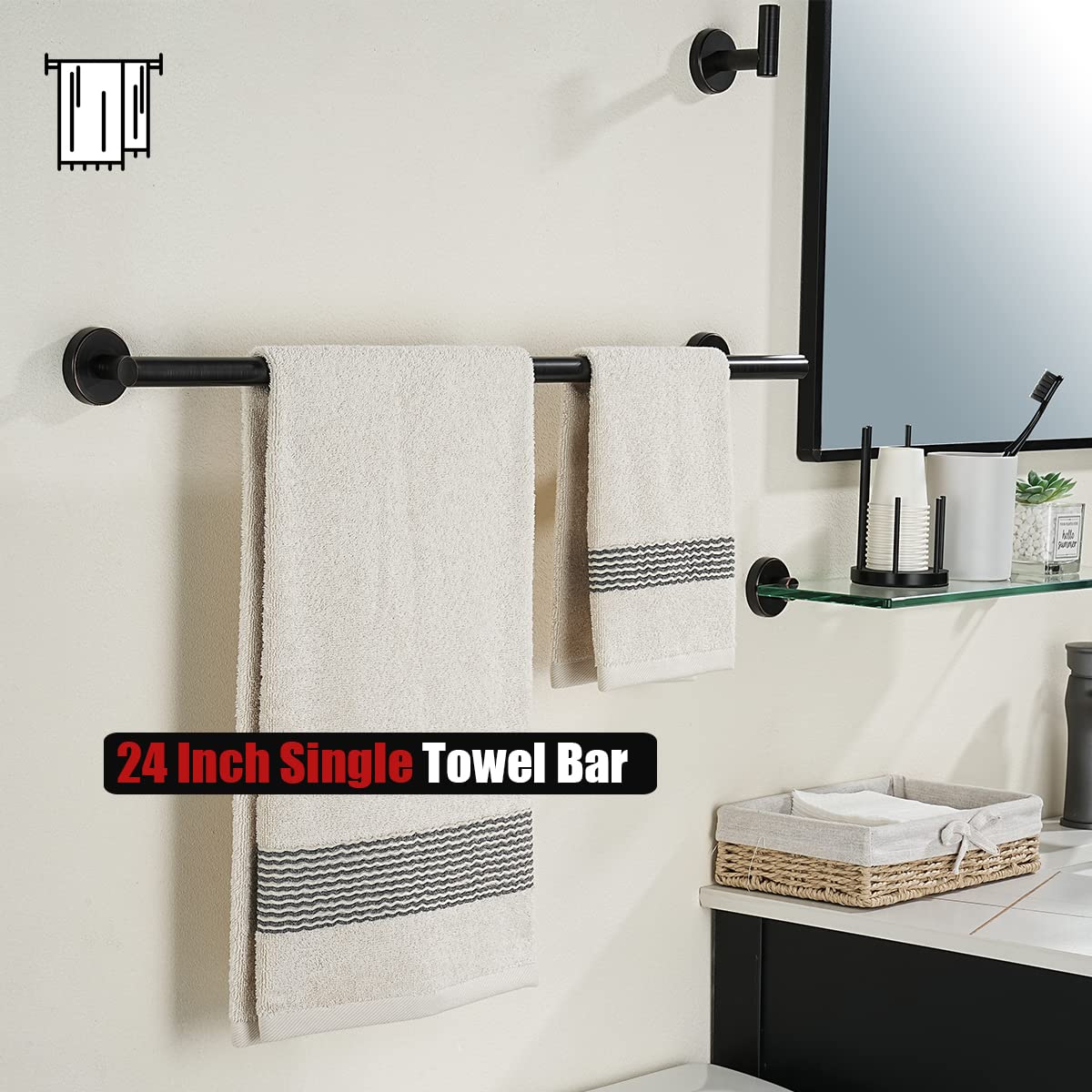 JQK Oil Rubbed Bronze Towel Bar  24 Inch 304 Stainless Steel Thicken 0.8mm Towel Rack Bathroom  Towel Holder Wall Mount  Total Length 27 Inch  TB110L24-ORB