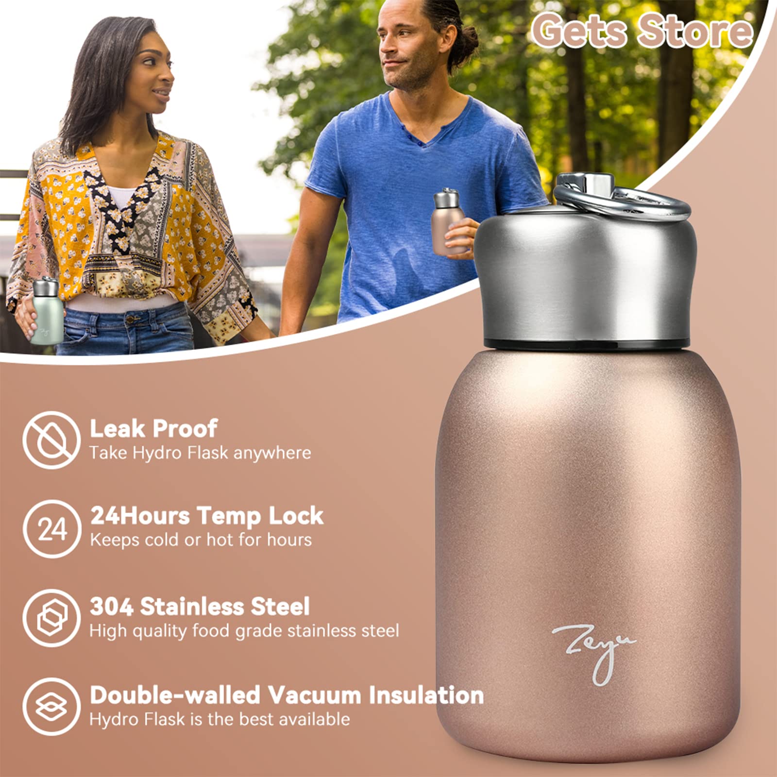 Gets Mini 9 Oz Stainless Steel Water Bottle, 280Ml Vacuum Insulated Water Bottle Leak Proof Sport Tumbler Cup Hot And Cold Water