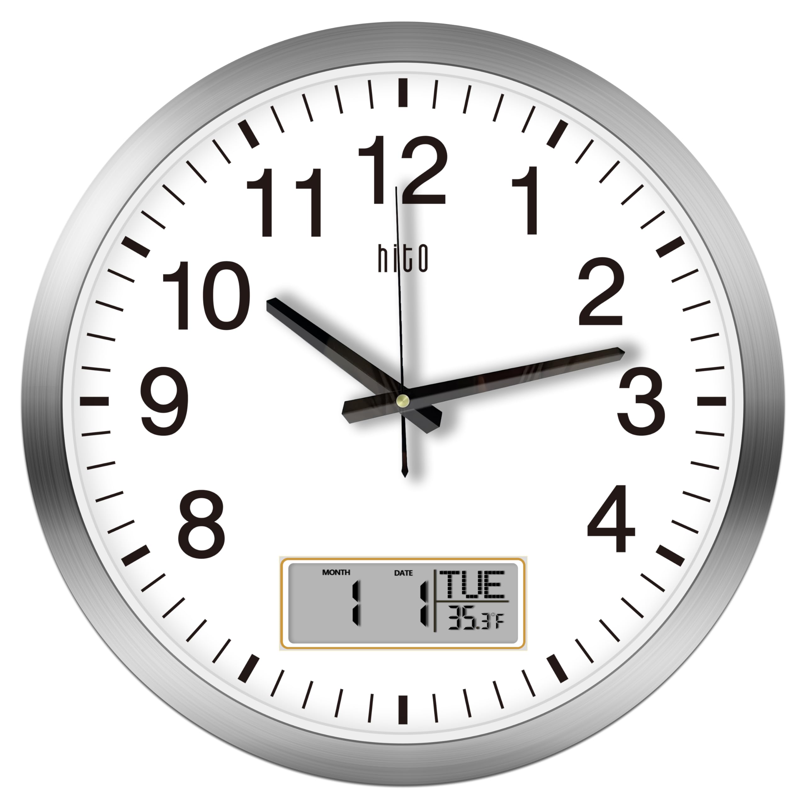 Hito 16 Inch Silent Wall Clock Battery Operated With Temperature And Date, Large Wall Clock For Living Room Decor, Office, Class