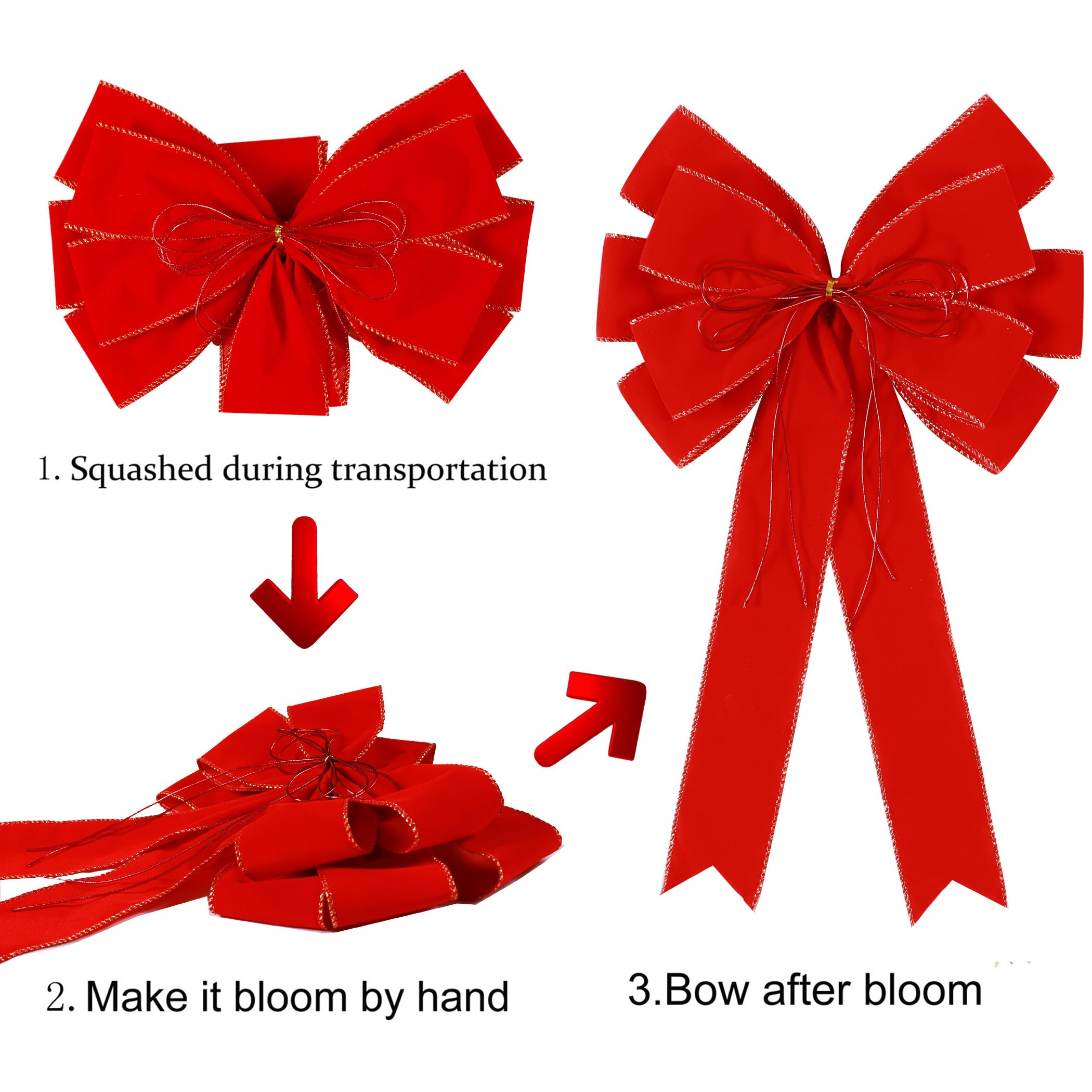 2 Pack Red Christmas Bows Outdoor Decorations,12   x20    Large Velvet Wreath Bow with Glitter String Gold Edge for Xmas Tree To