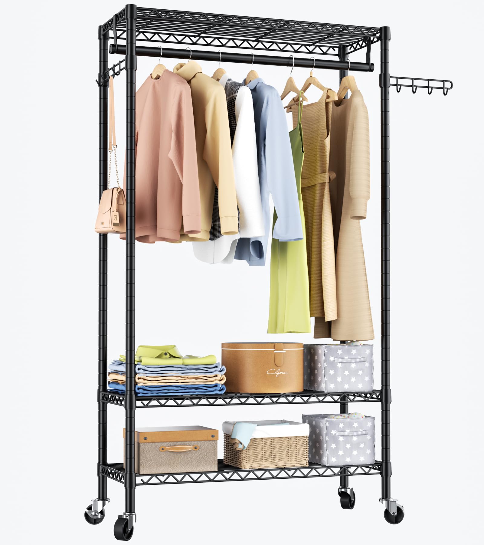 Heavy Duty Clothes Rack Rolling Garment Rack,3 Tier Adjustable Wire Shelving Clothing Racks For Hanging Clothes With Hanger Rod&