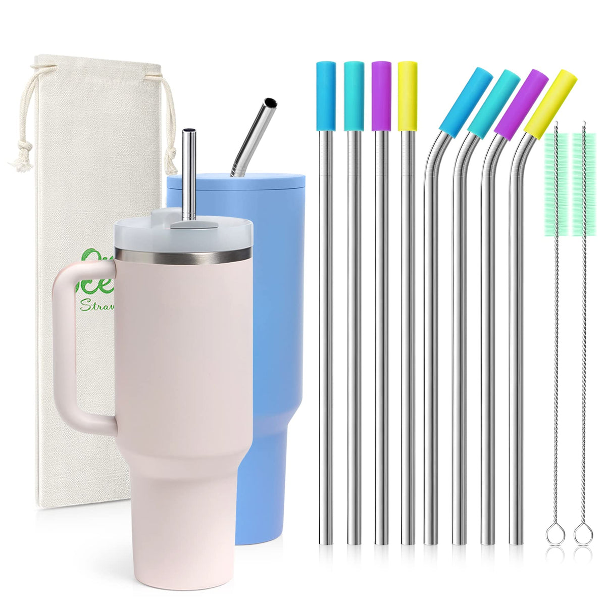 Teivio 8 Piece 5/16 Inch (8Mm) Wide Stainless Steel Straws For 40 Oz Tumbler With Handle, 12 Inch Long Reusable Metal Drinking S