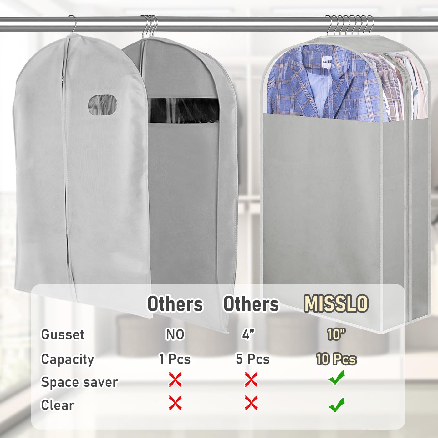Misslo 10'' Gusseted Garment Bags For Hanging Clothes 32'' Suit Bags For Closet Storage Suit Cover Bags Clothing Storage Bags Fo
