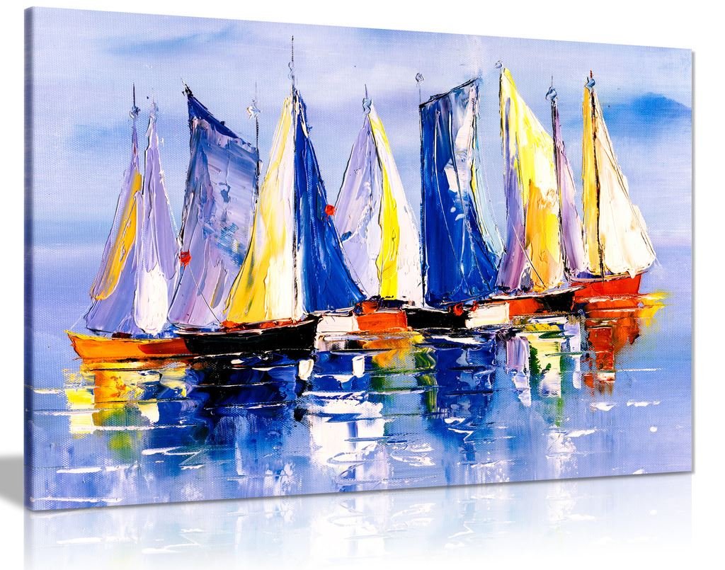 Boats In Sea Oil Painting Canvas Wall Art Picture Print (24X16)