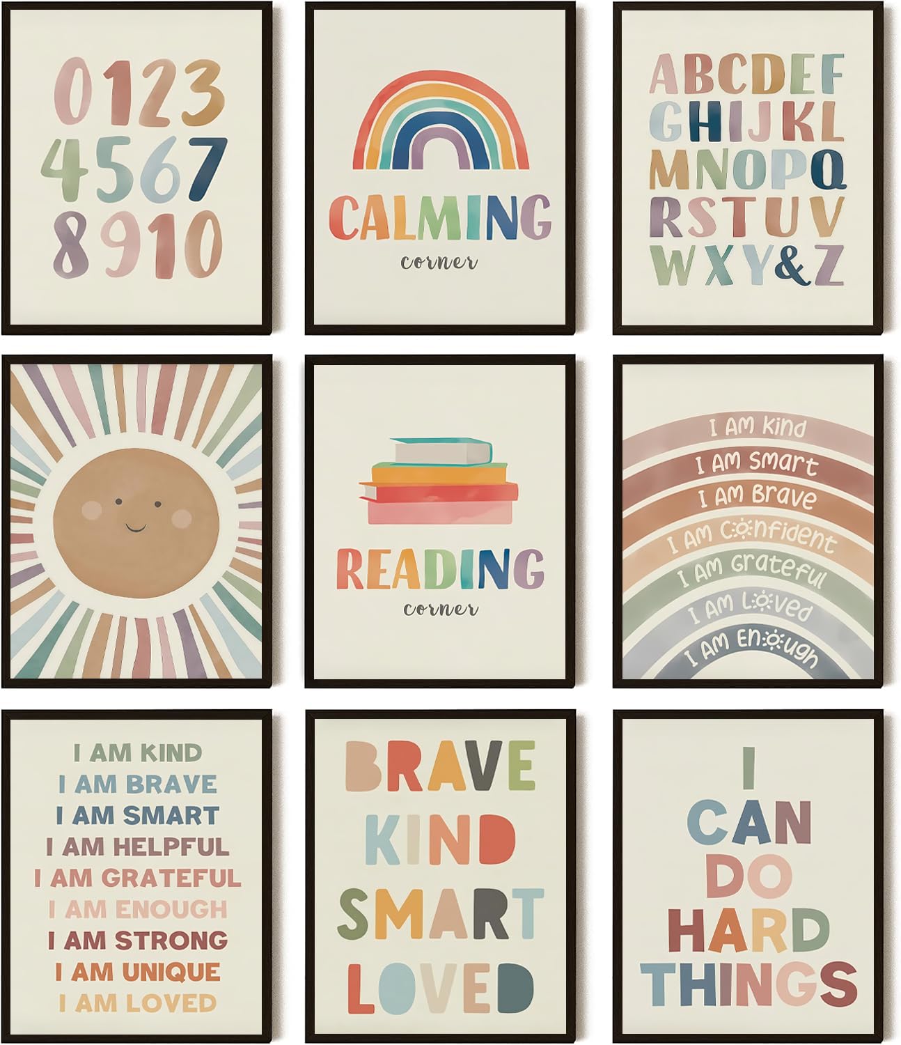Baby Alphabet Wall Art Set Of 9, Boho Rainbow Canvas Posters Prints, Kids Playroom Abc Positive Affirmation Wall Decor Paintings