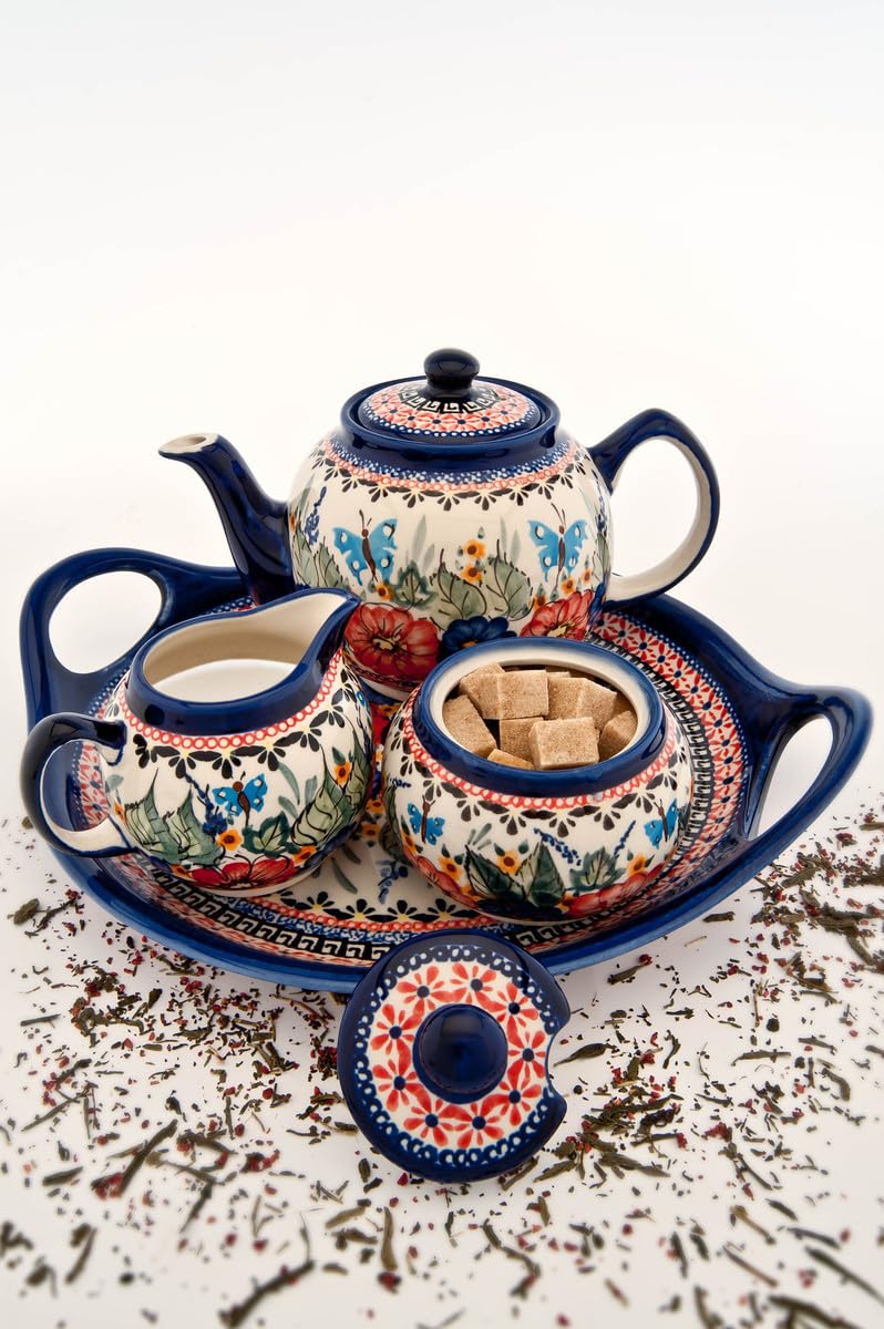 Blue Rose Polish Pottery Floral Butterfly Medium Teapot