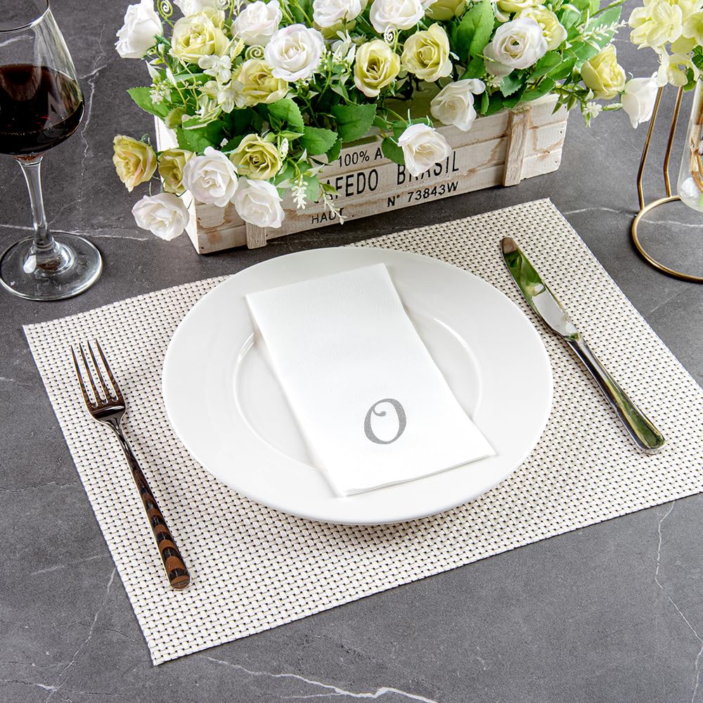 Luxenap 15.8 X 7.9 Inch Linen-Feel Guest Towels, 2000 Lettered Hand Towels - Silver Letter 'O', Cursive Font, White Paper Dinner