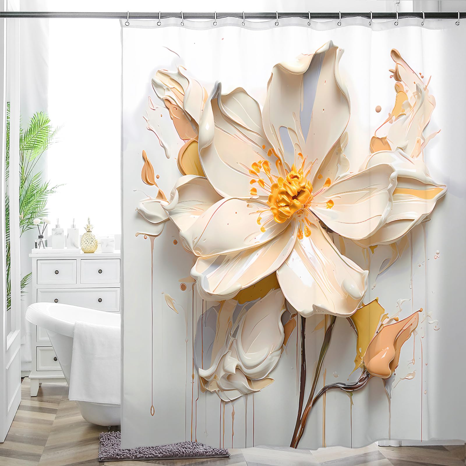 Elegant Beige White Floral Shower Curtain For Modern Bathrooms, Large Flower Artistic Style Waterproof Fabric Bathroom Decor, Wa