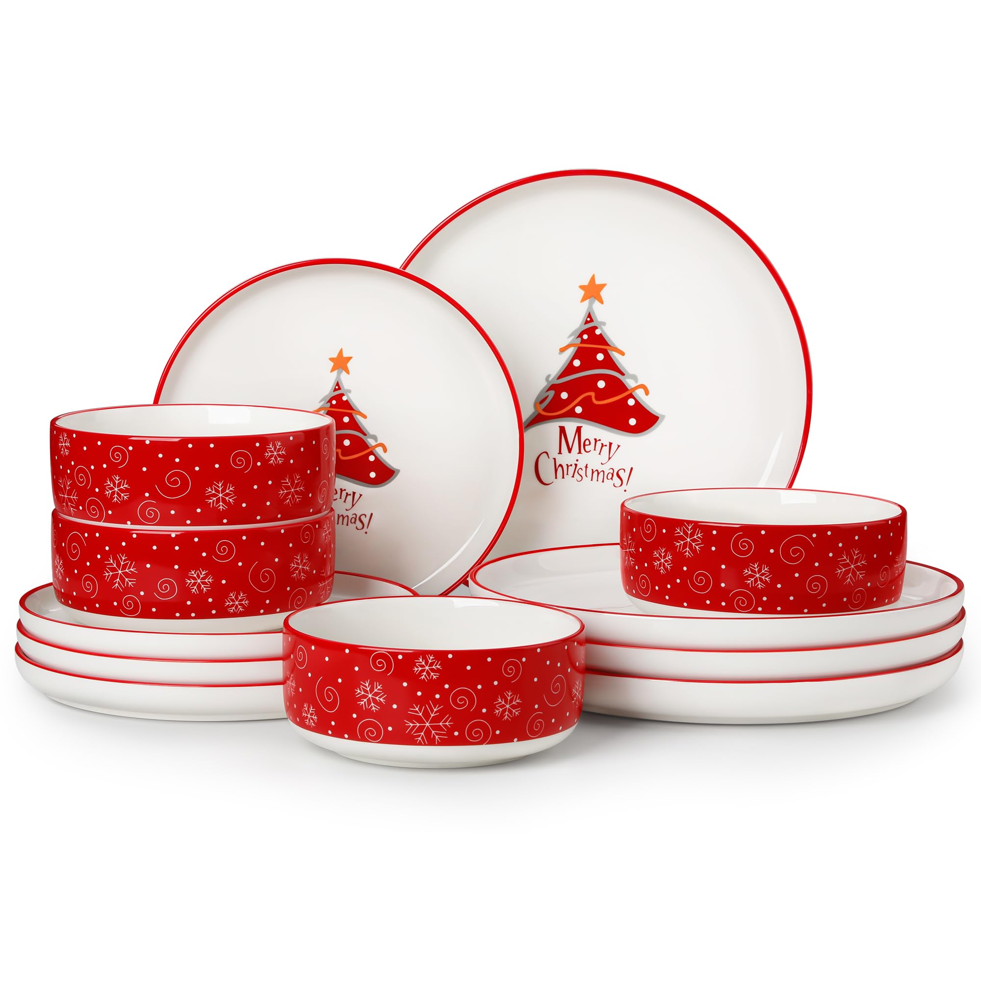 MALACASA Plates and Bowls Sets, 12 Pieces Christmas Porcelain Dinnerware Set for 4, Ceramic Dishware Dishes Kitchen Dining Ware 