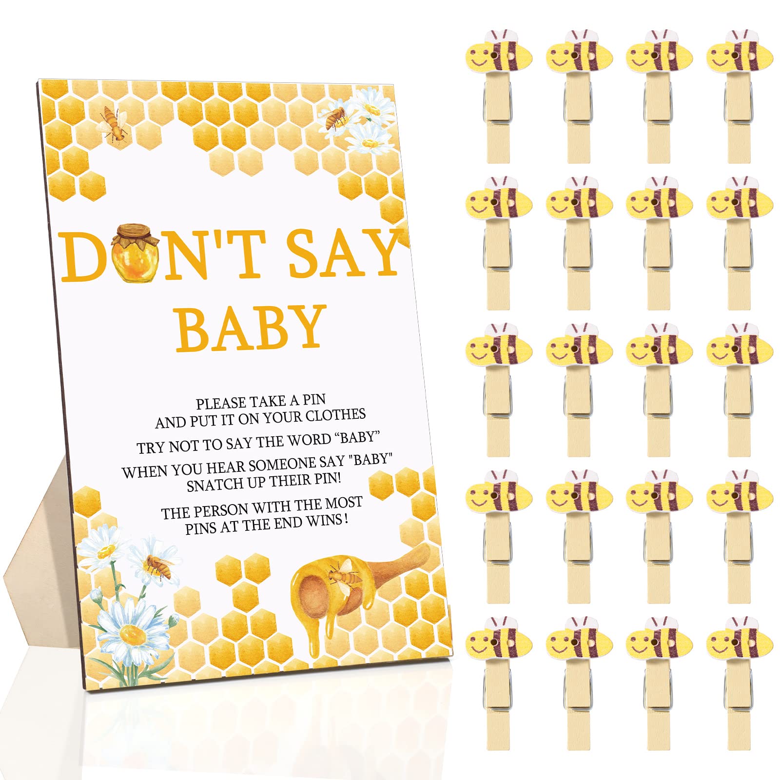 Unittype 51 Pcs Don'T Say Baby Shower Game Supplies Include Bee Theme Baby Shower Sign And 50 Mini Bee Clothespins For Boys Girl