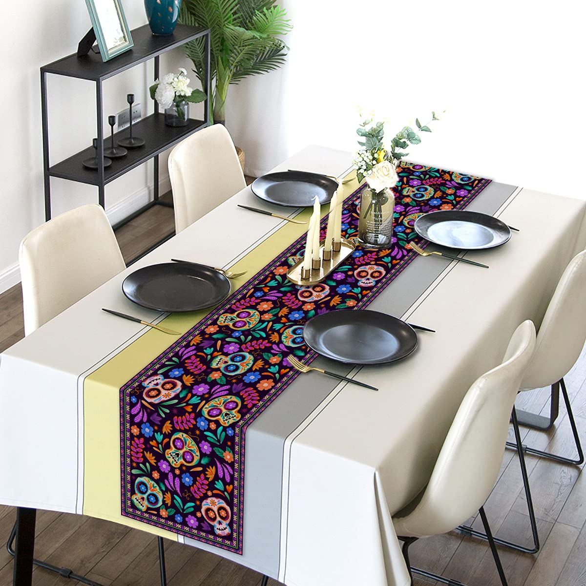Dia De Los Muertos Table Runner Cinco De Mayo Rustic Linen Mexican Sugar Skull Day Of The Dead Altar Decoration For Home Kitchen