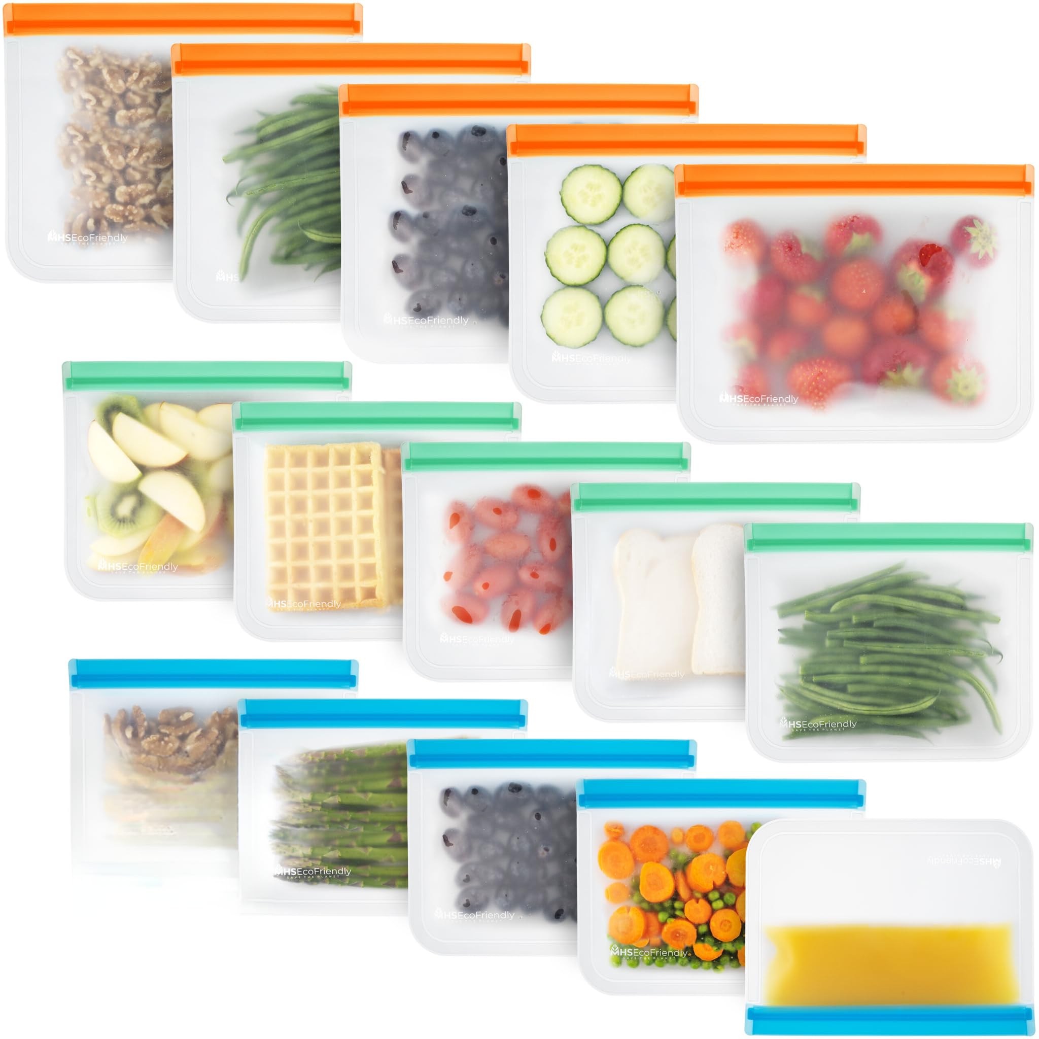 Reusable Freezer Bags | 15-Pack | M, L & XL Reusable Ziplock Bags | BPA Free & Leakproof Food Bags for Fridge Storage, Freezer S