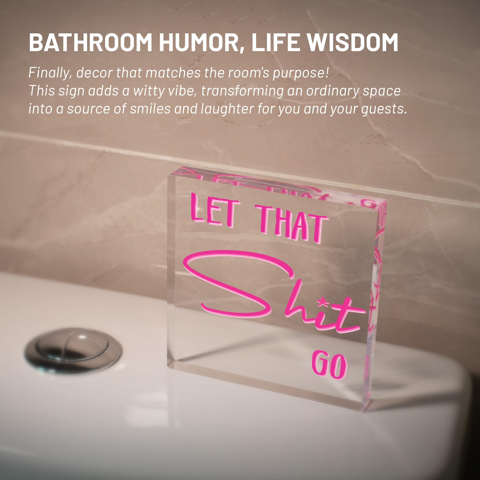 Pink Inspirational Desk Decor for Office, Home, Funny Acrylic Bathroom Signs 4x4 Inches - Humor for Half & Guest Bathrooms, Self