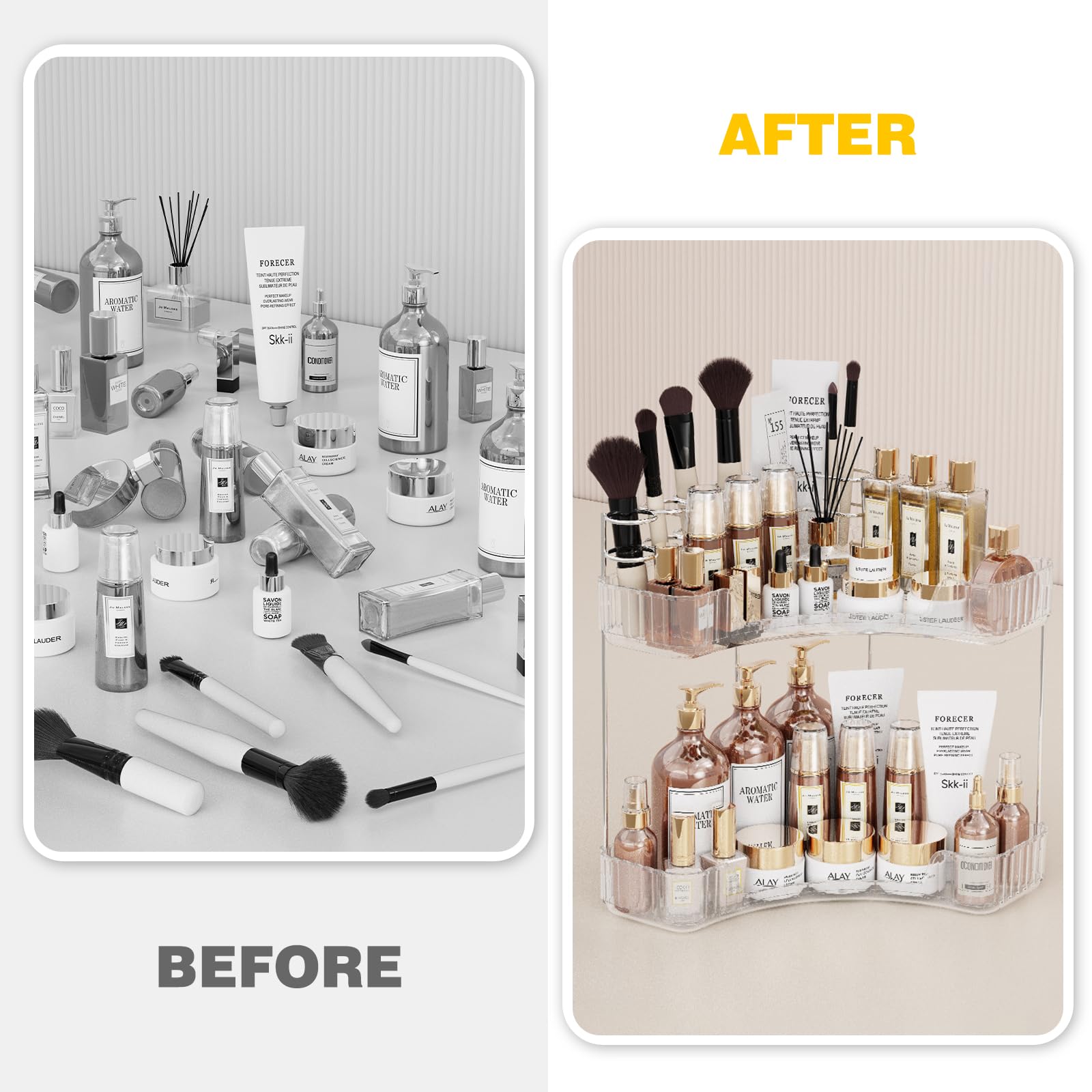 Asayuee 2-Tier Corner Bathroom Counter Organizer With Top Toothbrush Holders,Large Makeup Organizer Countertop With Brush Holder