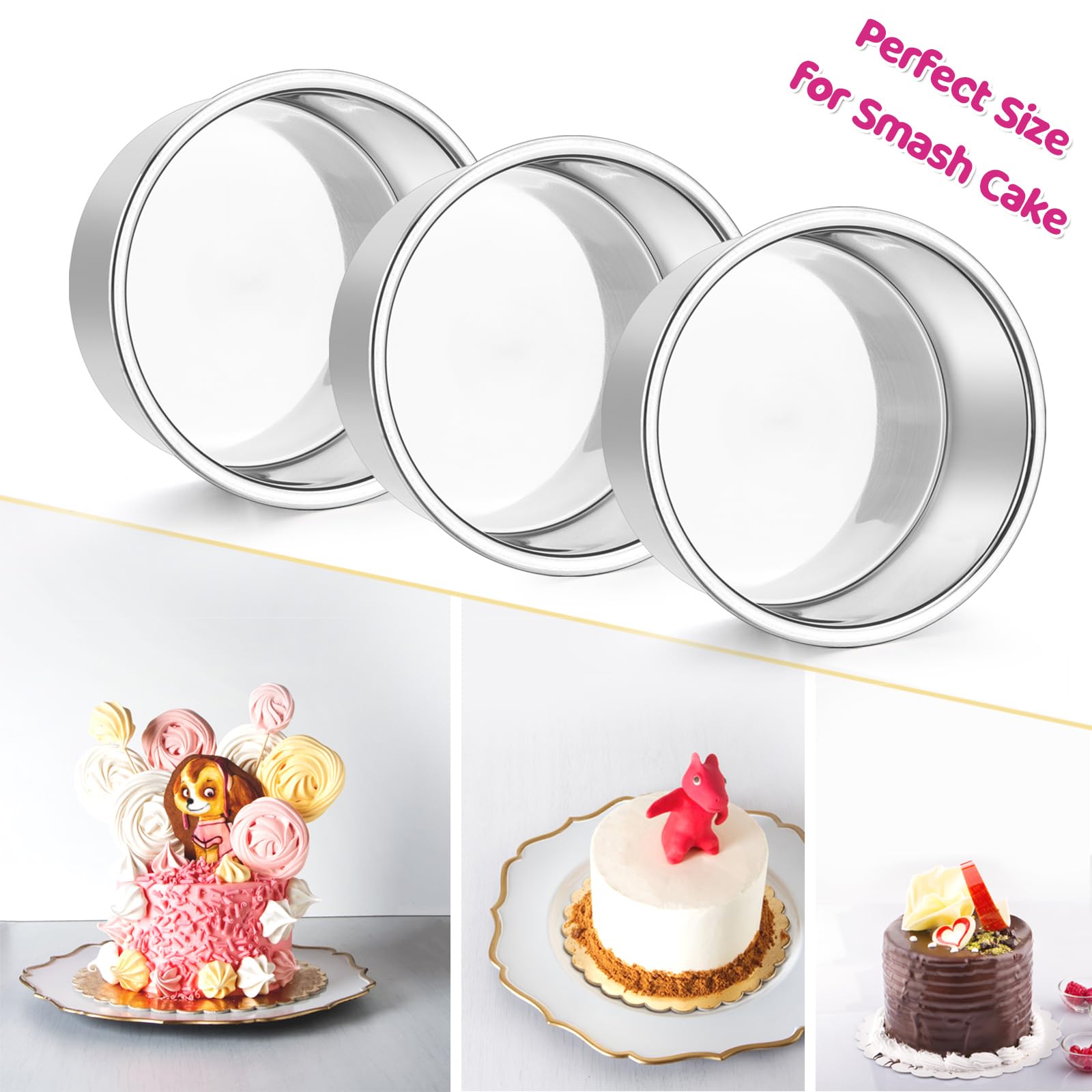 E-Far 4 Inch Small Cake Pan Set Of 3, Stainless Steel Mini Round Smash Cake Baking Pans, Non-Toxic & Healthy, Mirror Finish & Di