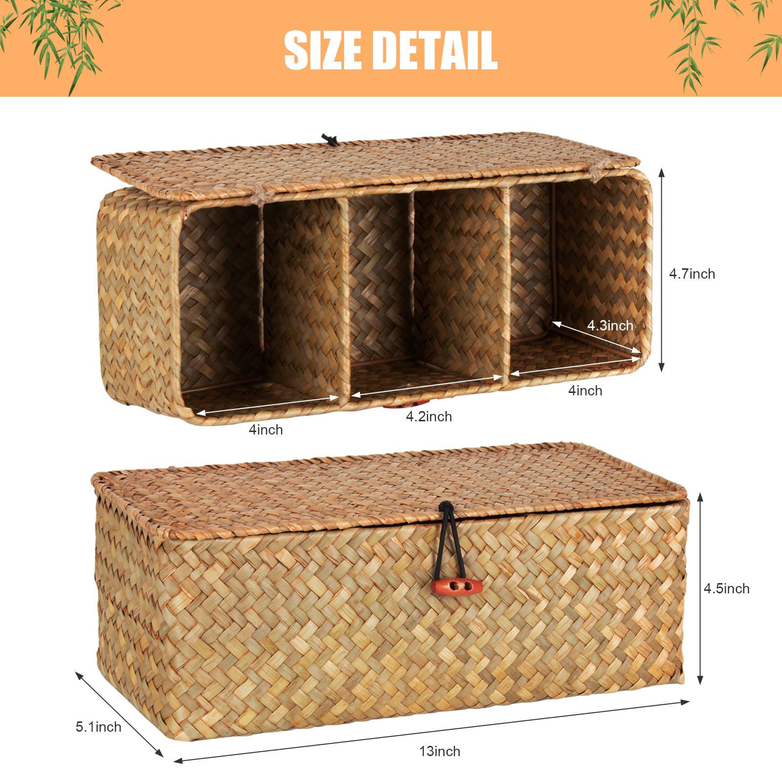 Taotazon Woven Basket For Toilet With Lid, Seagrass Tank Woven Basket Organizer With 3 Sections, Woven Basket With Wood Tray For