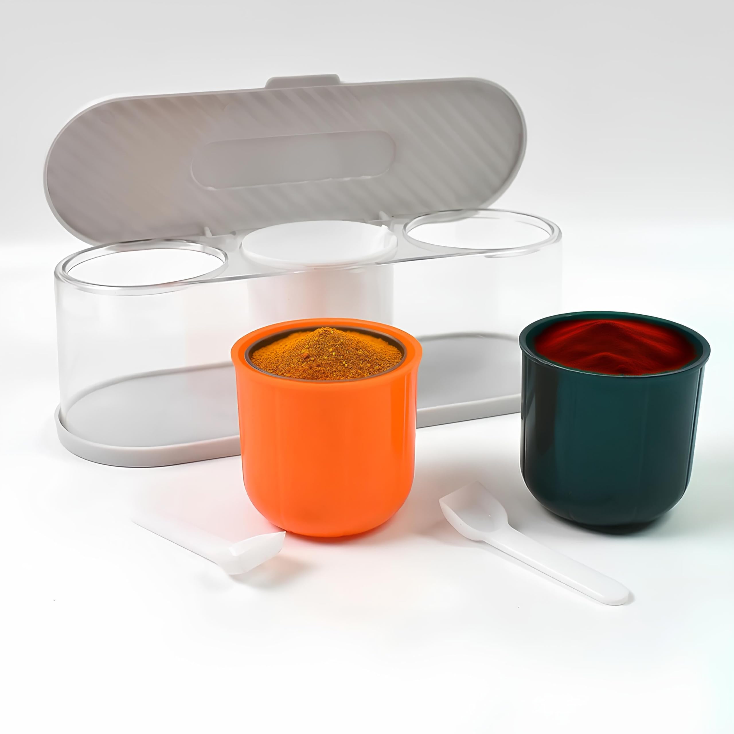 Pabocart 3 Grid Masala Container With Spoons  Transparent Seasoning Box For Kitchen Storage, Masala Dabba, Spice Box For Salt &