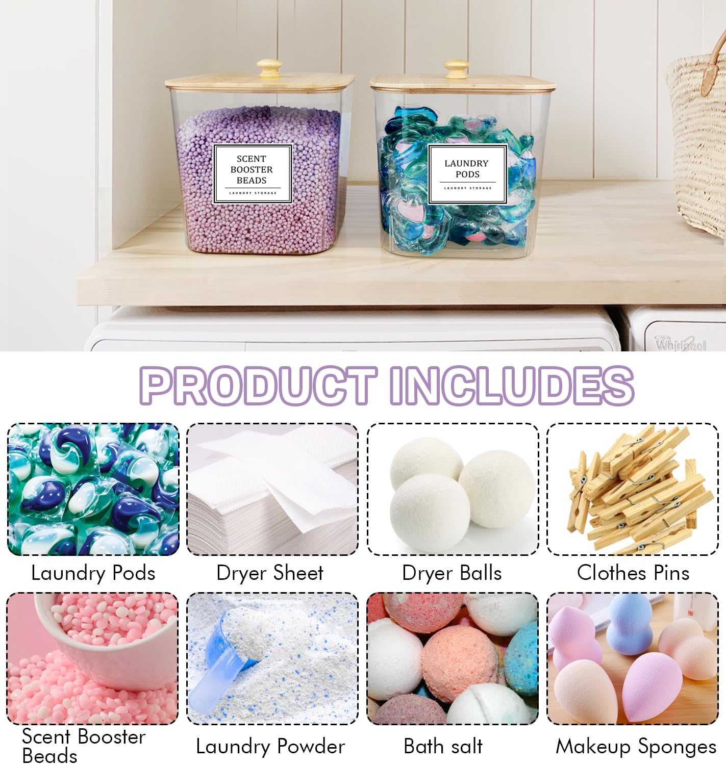 Homepekite 2 Pack Laundry Pods Container,Laundry Room Organization And Storage Containers With Bamboo Lids & Labels Large Laundr