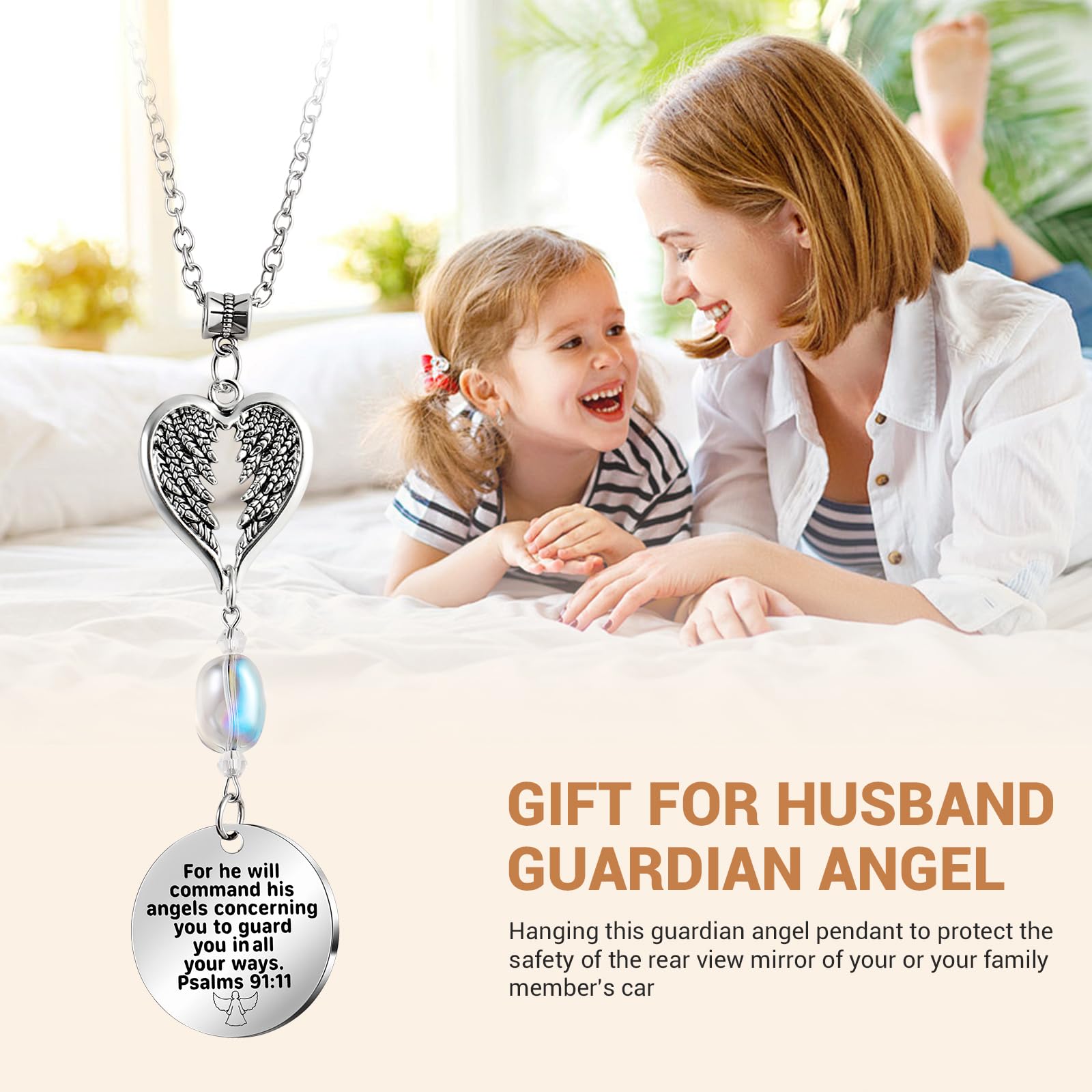 Ausicfen Angel Car Charms - Christian Rear View Mirror Ornament, Alloy Steel, Psalm 91:11, Stainless Steel, Model Christian Car Mirror Ornament01