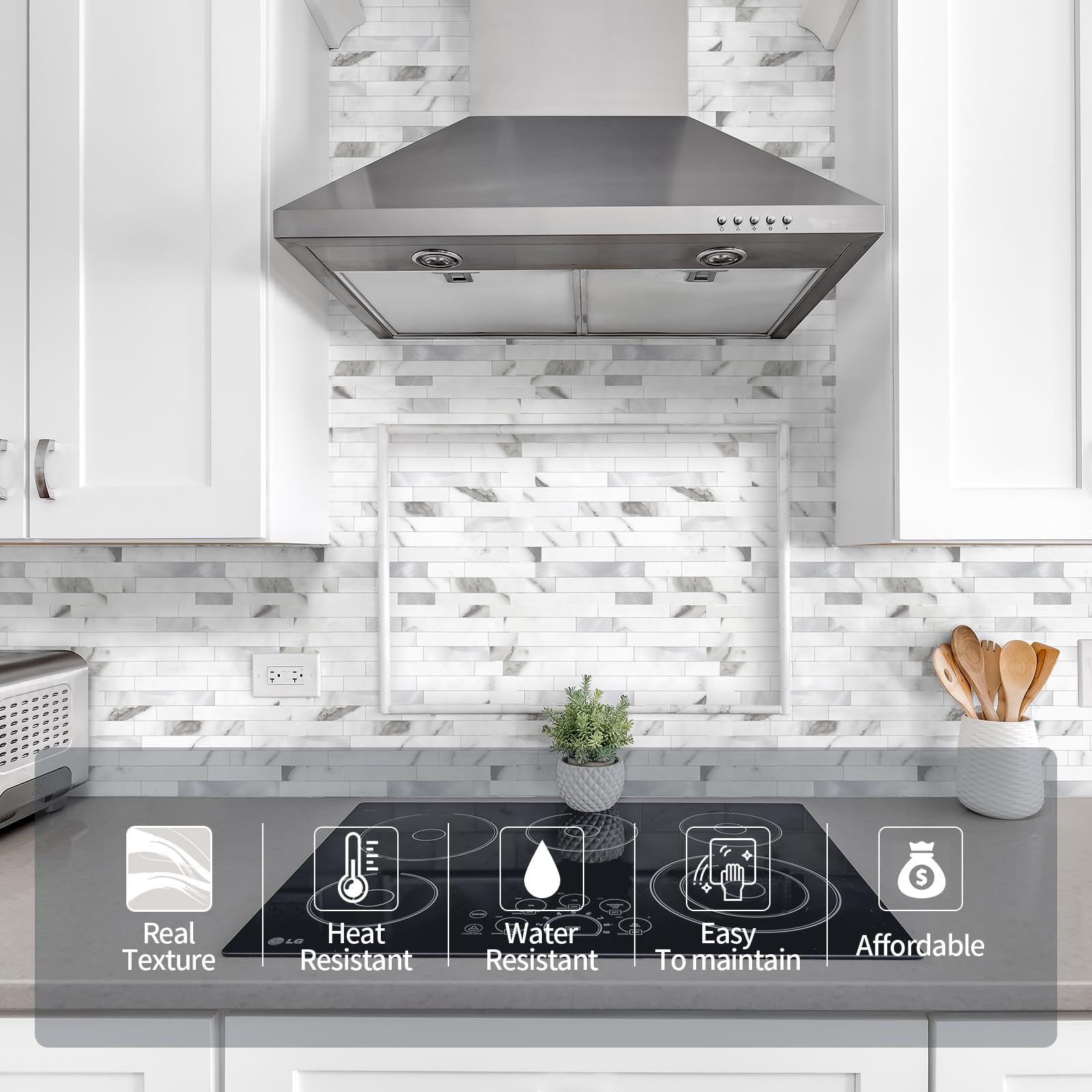 Yipscazo 5 Sheets Peel and Stick Stone Metal Tile Backsplash, Stick on Tiles for Backsplash Kitchen, Bathroom, Laundry Room, Cam