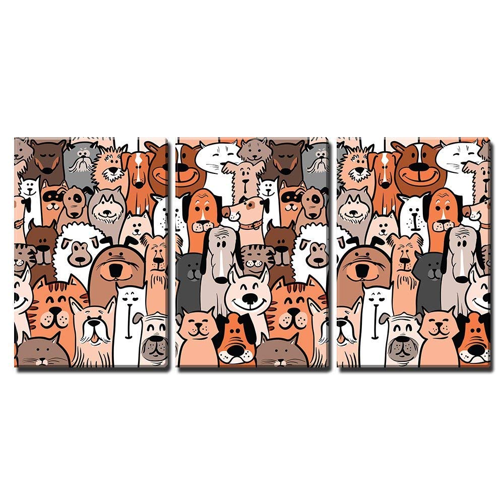 Wall26 - 3 Piece Canvas Wall Art - Doodle Dogs And Cats Seamless Pattern - Modern Home Art Stretched And Framed Ready To Hang -