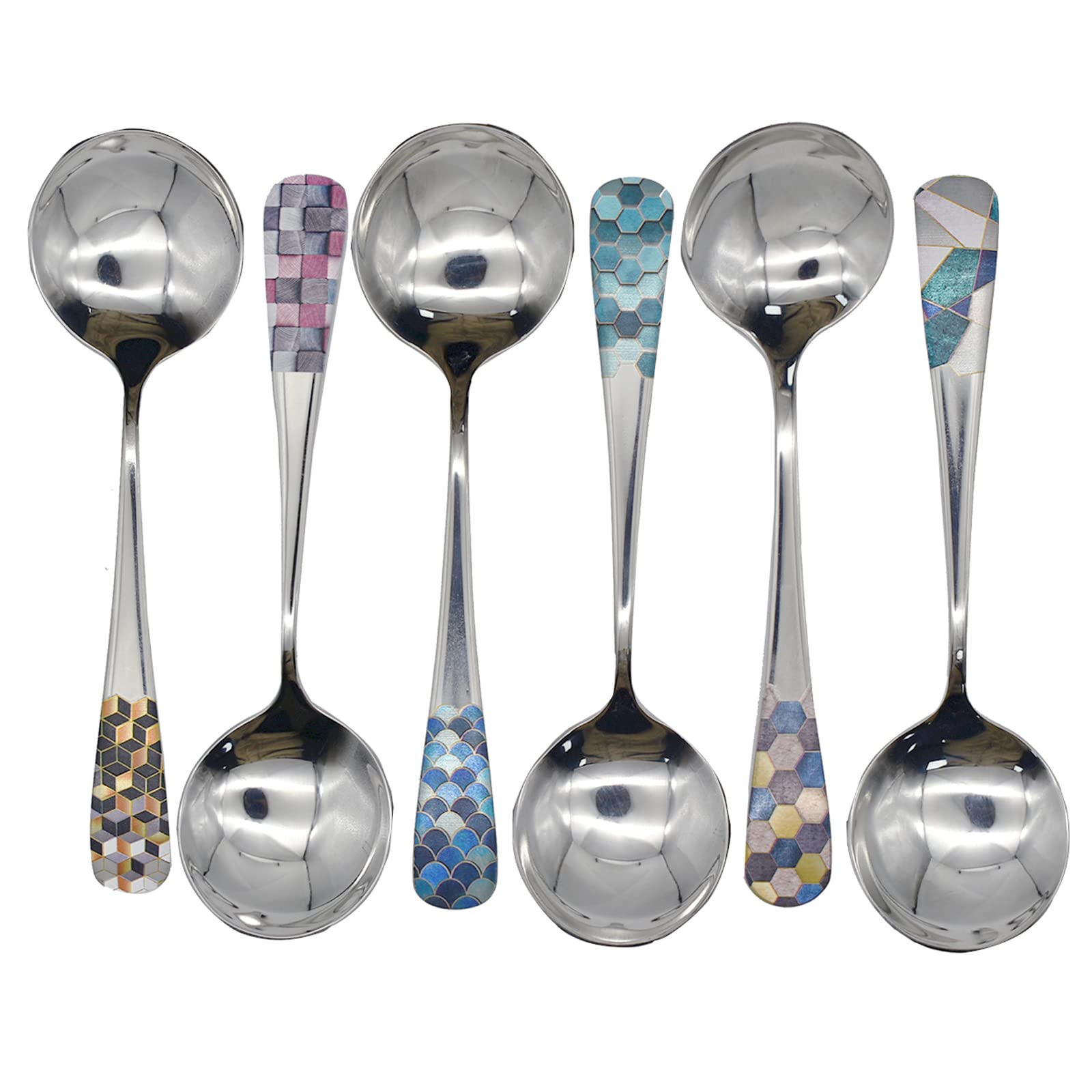 Pinenjoy 6Pcs Round Head Soup Spoons With Fashion Printing Pattern 6.22Inch Tablespoon 18/10(304) Stainless Steel Korean Spoons