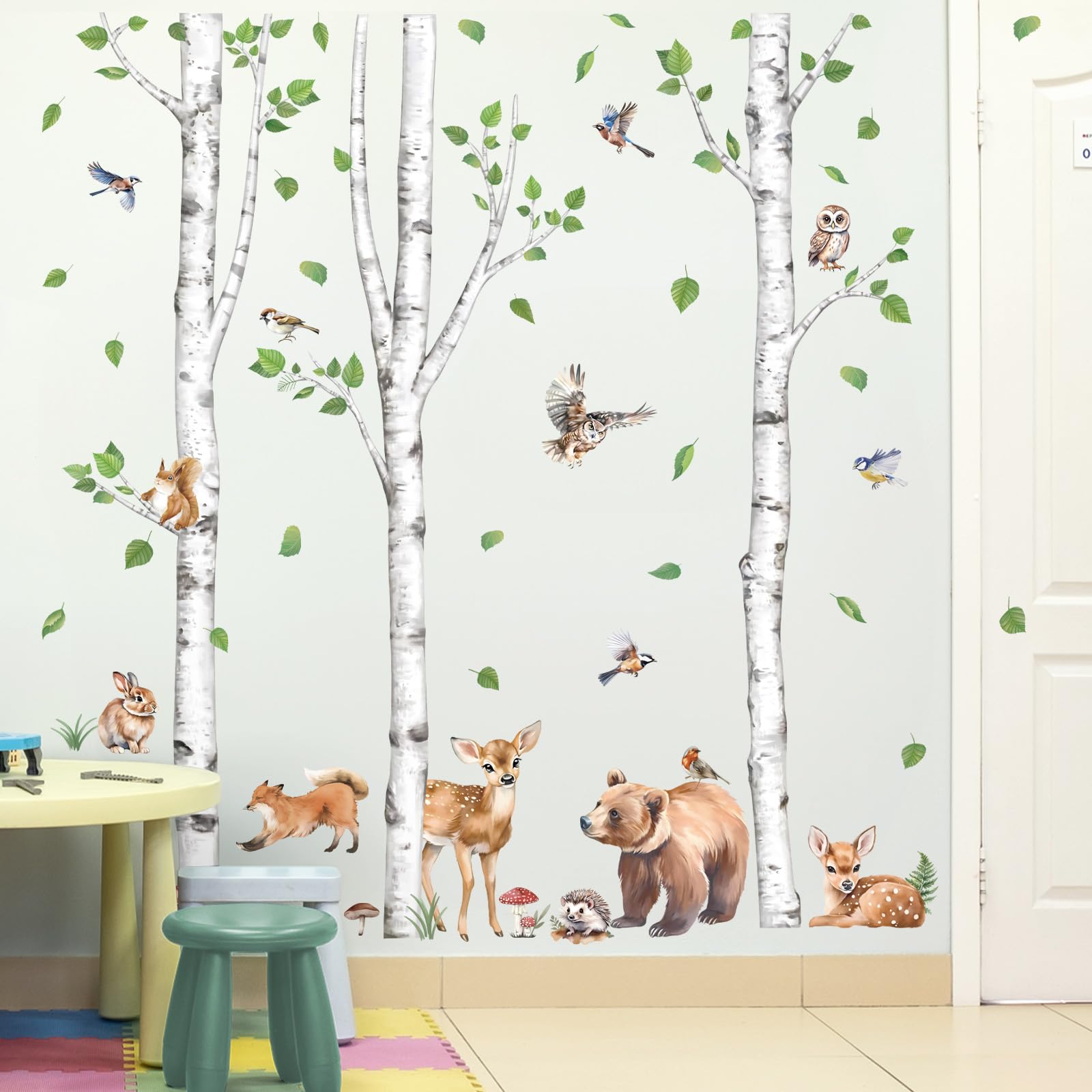 Wondever Large Birch Tree Animals Wall Stickers Forest Owl Fox Bear Deer Peel And Stick Wall Art Decals For Baby Nursery Kids Be