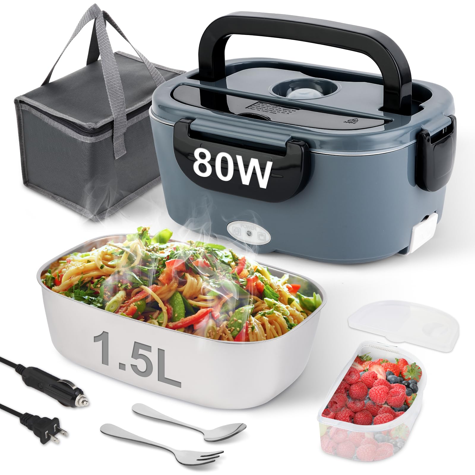 NestDin Electric Lunch Box, 80W Heated Lunch Box for Adults, 1.5L Portable Fast Heating Food Warmer for Car/Truck/Work/Travel, 1