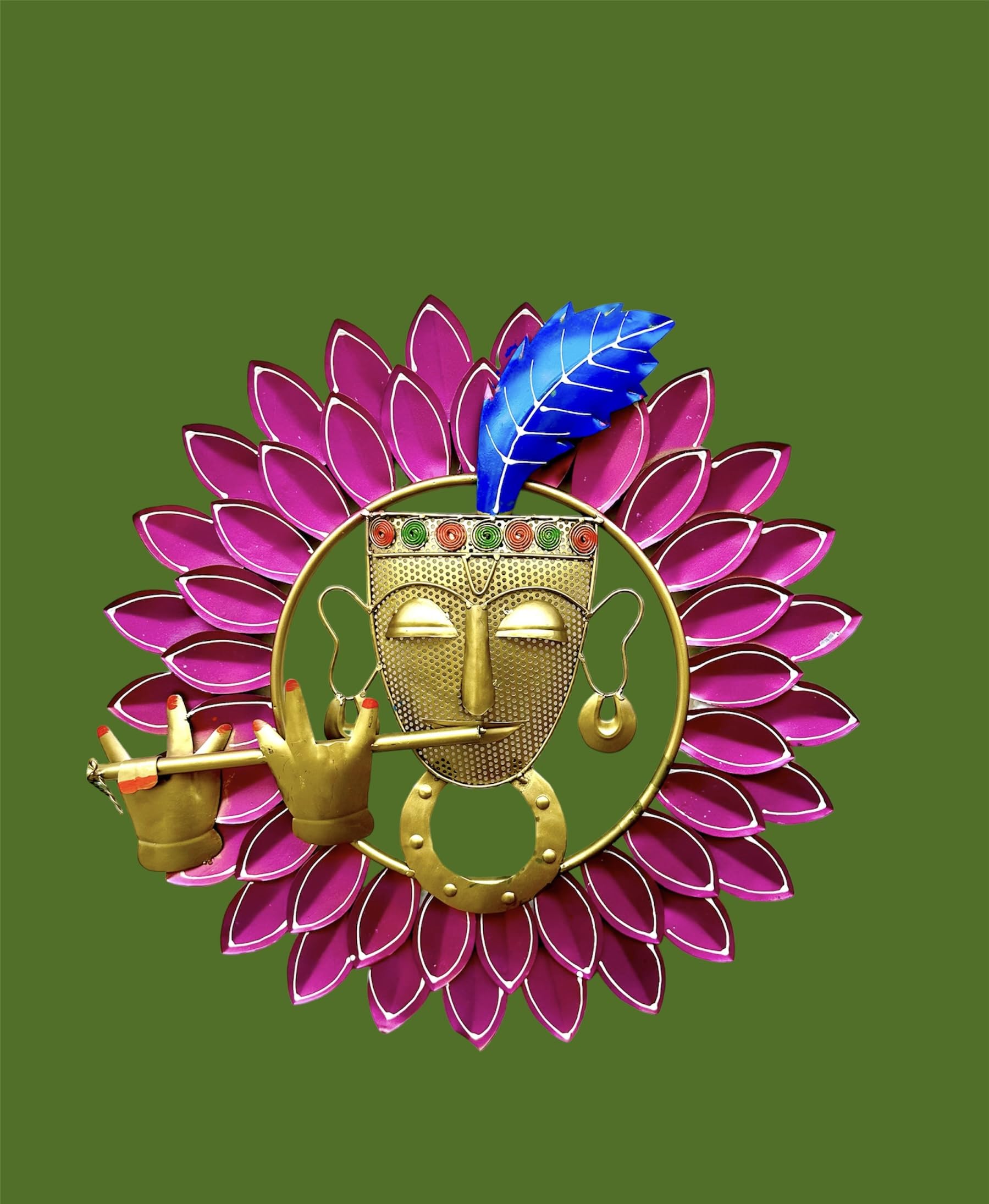 RSN Antique Metal Krishna Playing Basuri Wall Art Frame, Wall Hangings for Home Decoration, Scenery Showpiece Wall Sculpture for