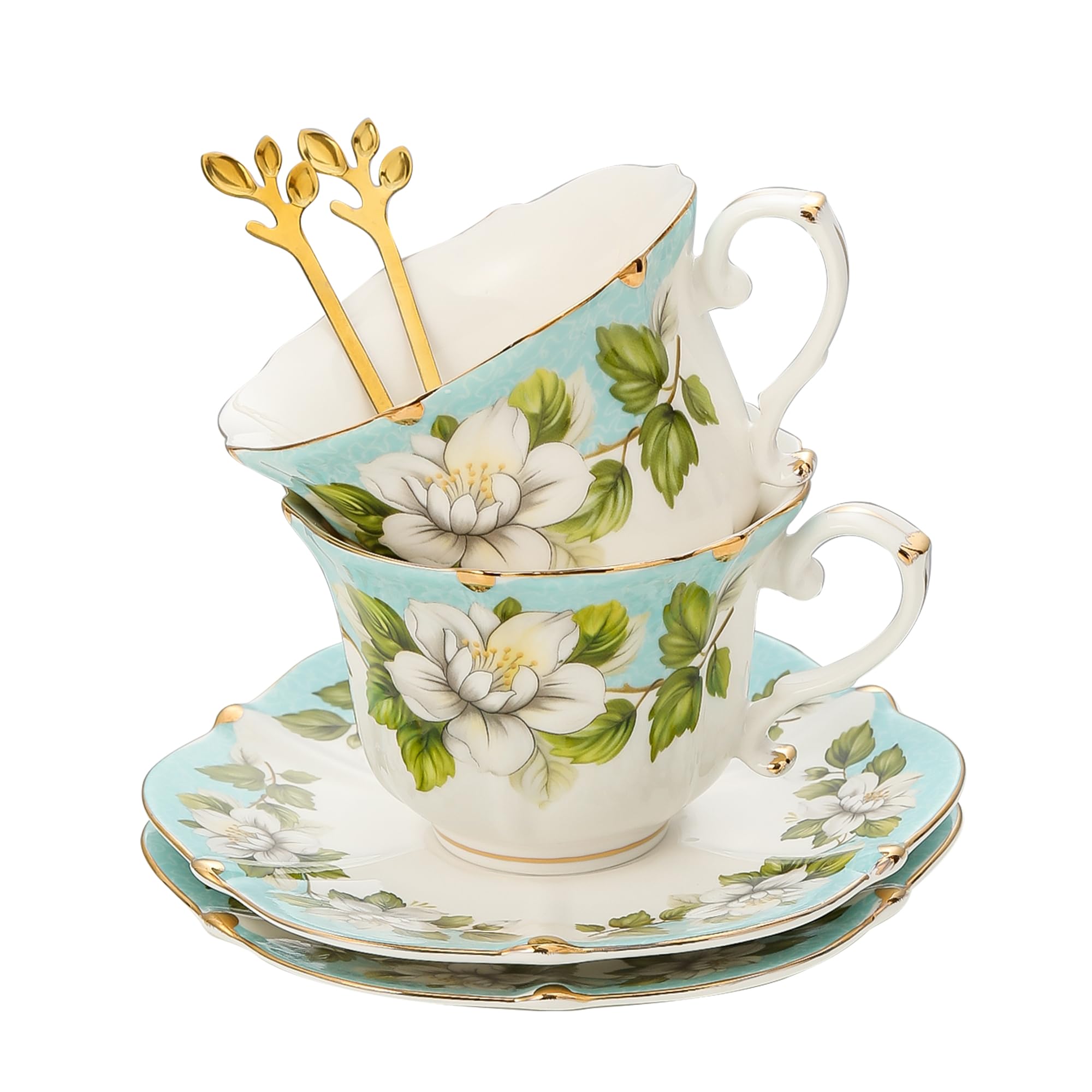 TATSUMI Country Roses Bone China Tea Cup and Saucer Set, 6 Pieces, Vintage Style, For Women and Tea Parties(Light Green, 2 sets)