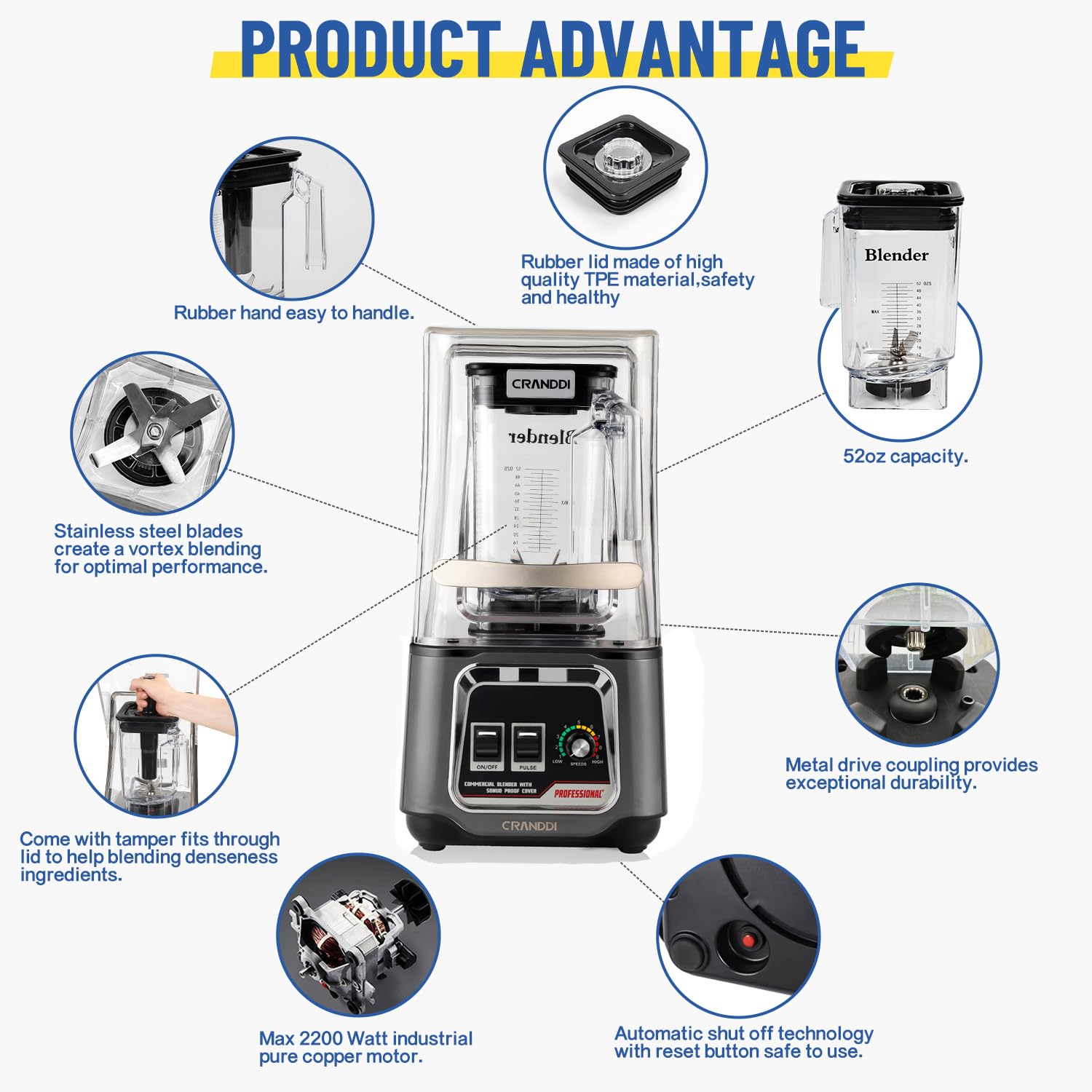 CRANDDI Professional Smoothie Blender  2200W Commercial Soundproof Quiet blender with Removable Soundproof Shield for Crushing Ice  MilkShakes  Puree  Self-Cleaning  50oz 110V K80 (Grey)