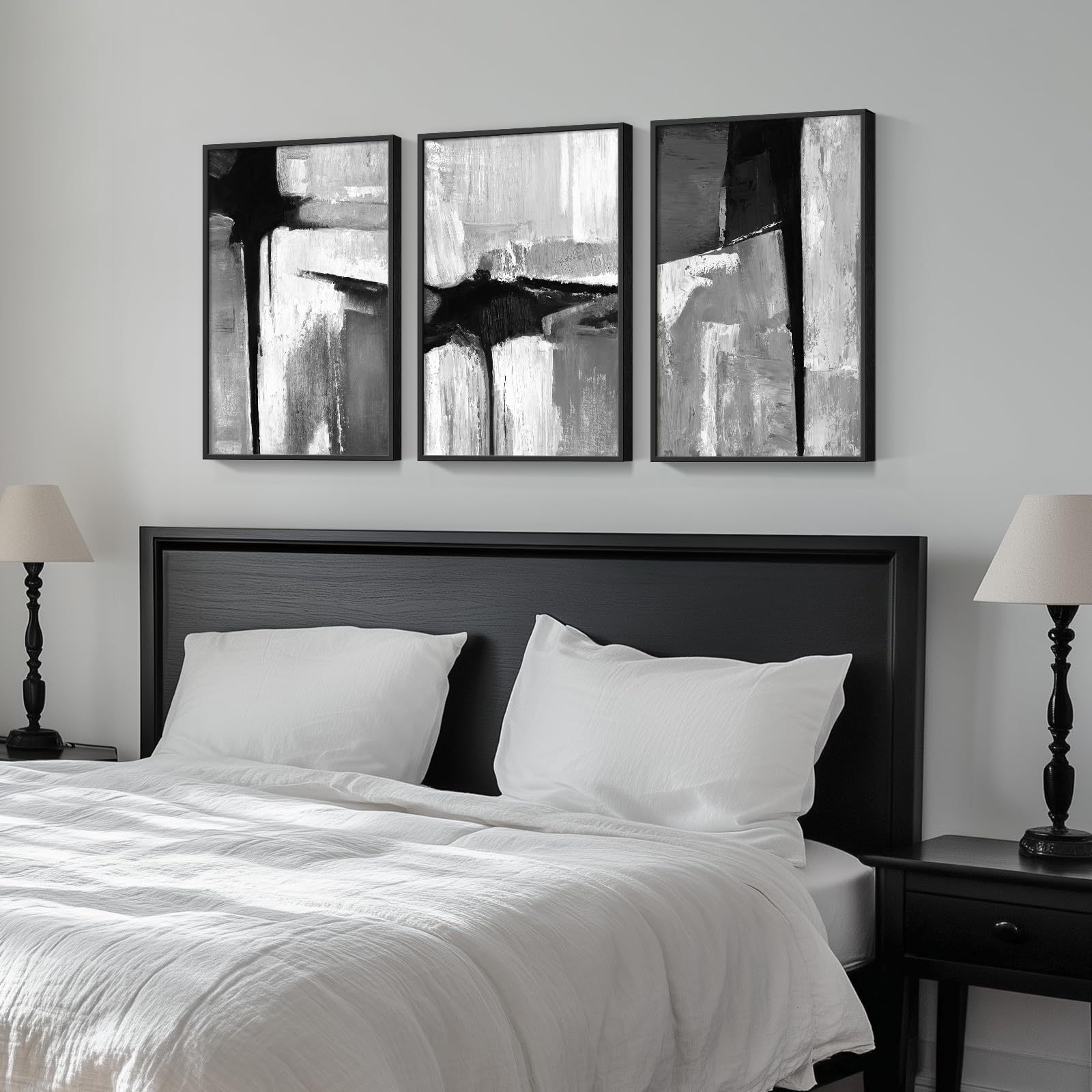 Framed Black And White Gray Modern Abstract Wall Art, Set Of 3 Piece Big Canvas Paintings Artwork For Walls, Minimalist Art Prin