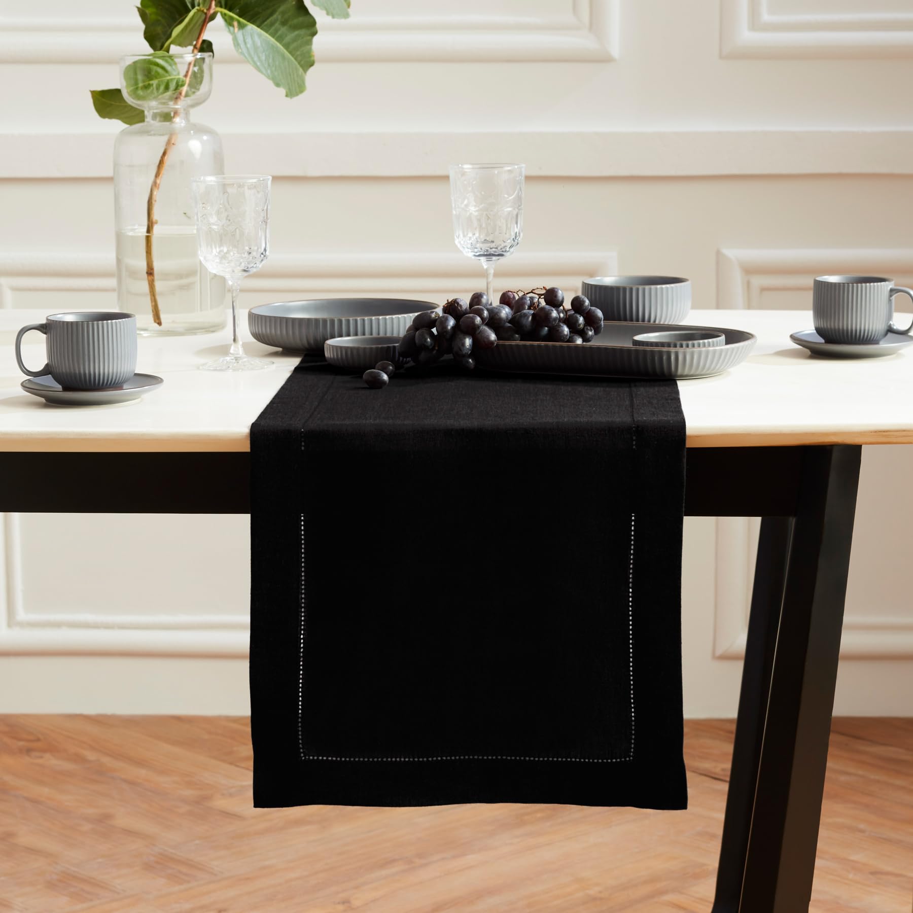 Solino Home Linen Black Table Runner 72 Inches Long - Sonoma Hemstitch 100% Pure Linen Prewashed Dining Table Runner 14 X 72 Inc