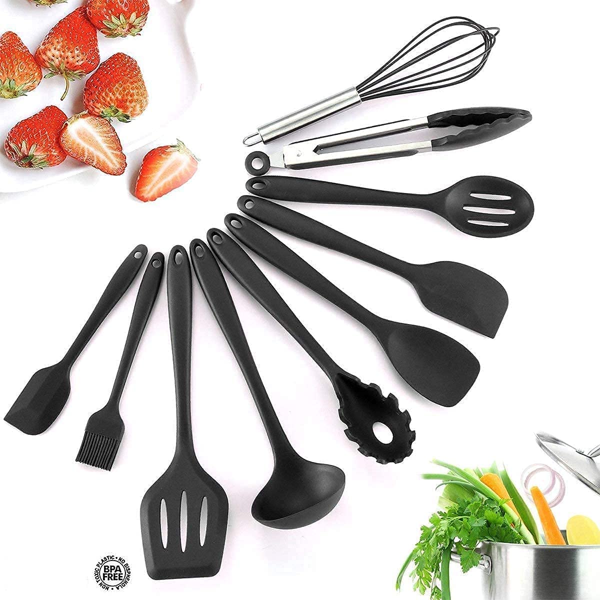 Soniqe 10Pcs/Set Silicone Heat Resistant Kitchen Cooking Utensils NonStick Baking Tool Tongs Ladle Gadget(Black Colour)(Pack Of