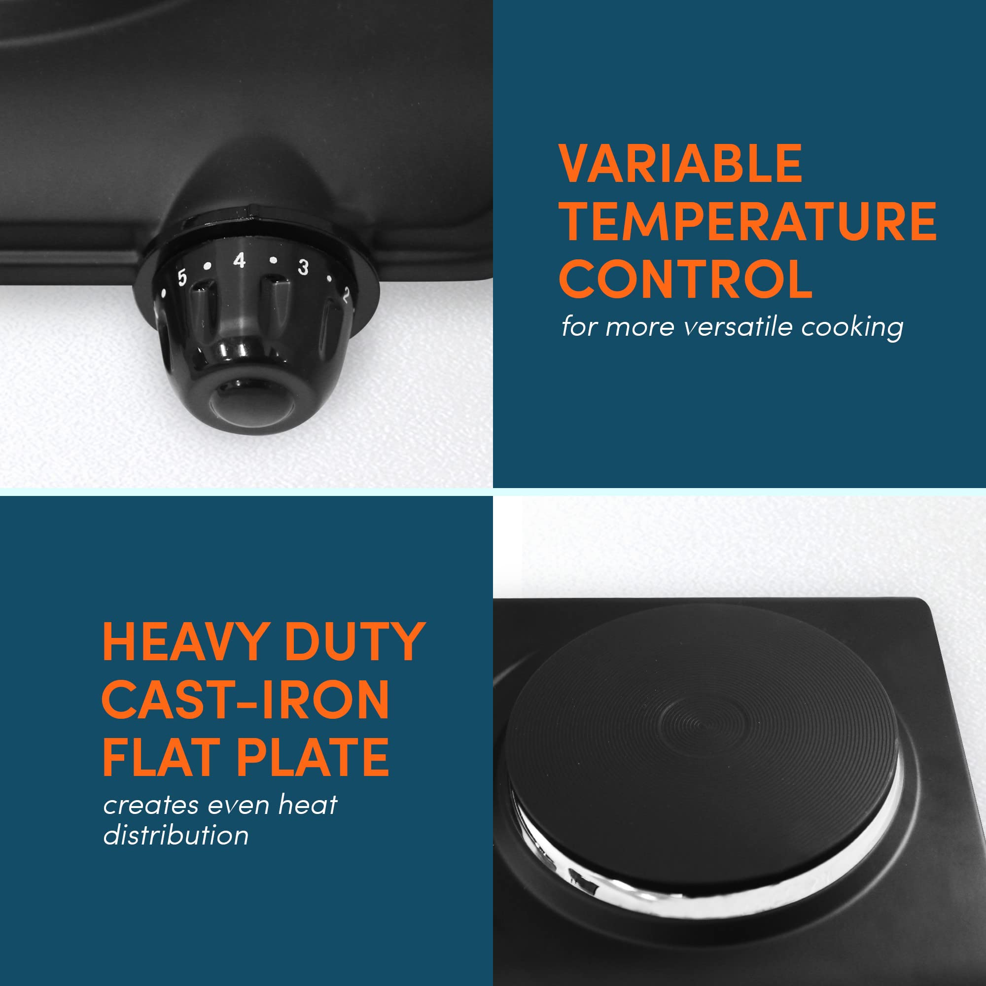 Elite Gourmet Edb-302Bf Countertop Double Cast Iron Burner, 1500 Watts Electric Hot Plate, Temperature Controls, Power Indicator