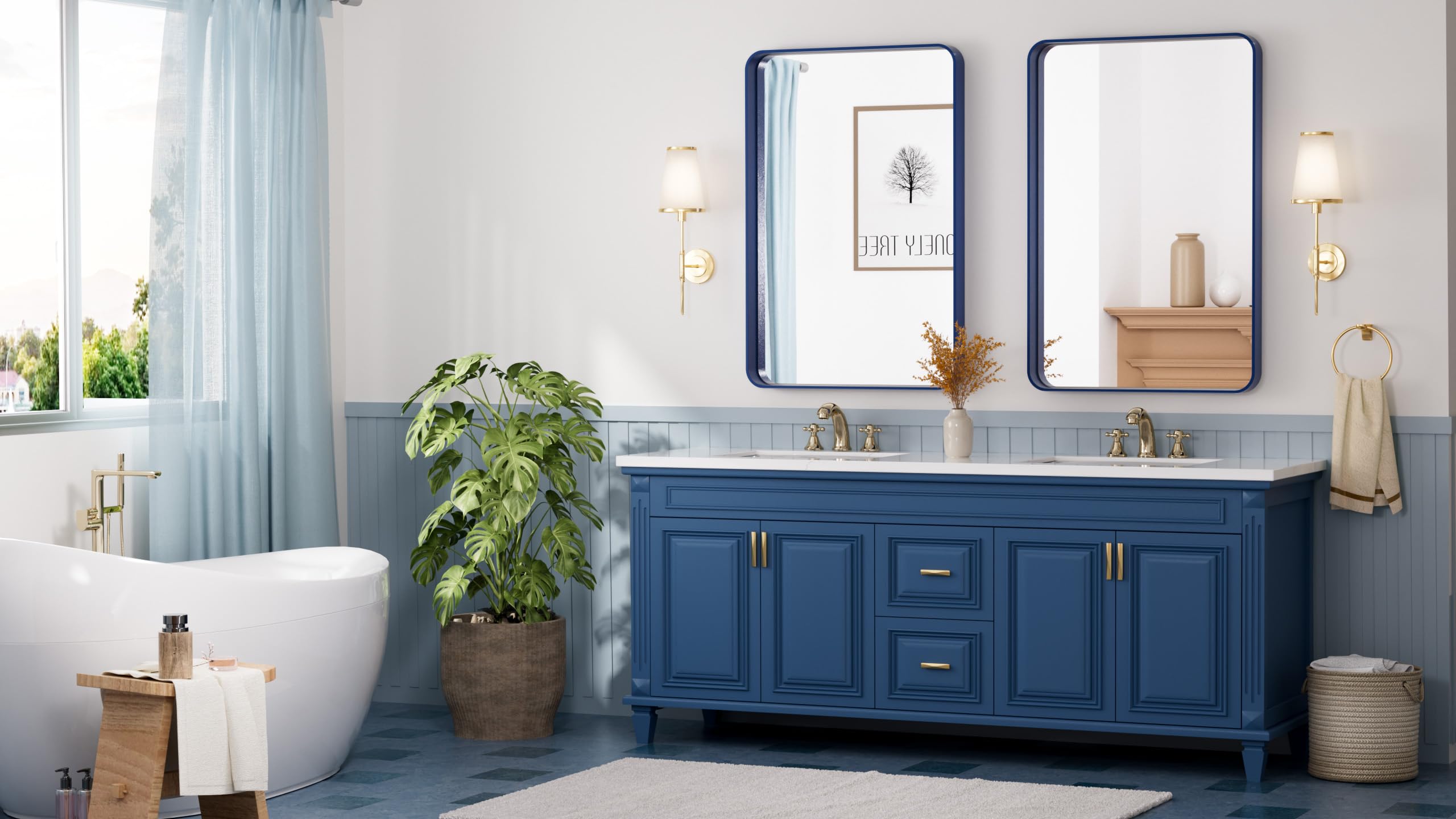 Tetote Navy Blue Bathroom Mirror 24 X 36 Metal Frame Wall Mounted Rectangle Mirror For Vanity With Sandy Textured Surface(Horizo