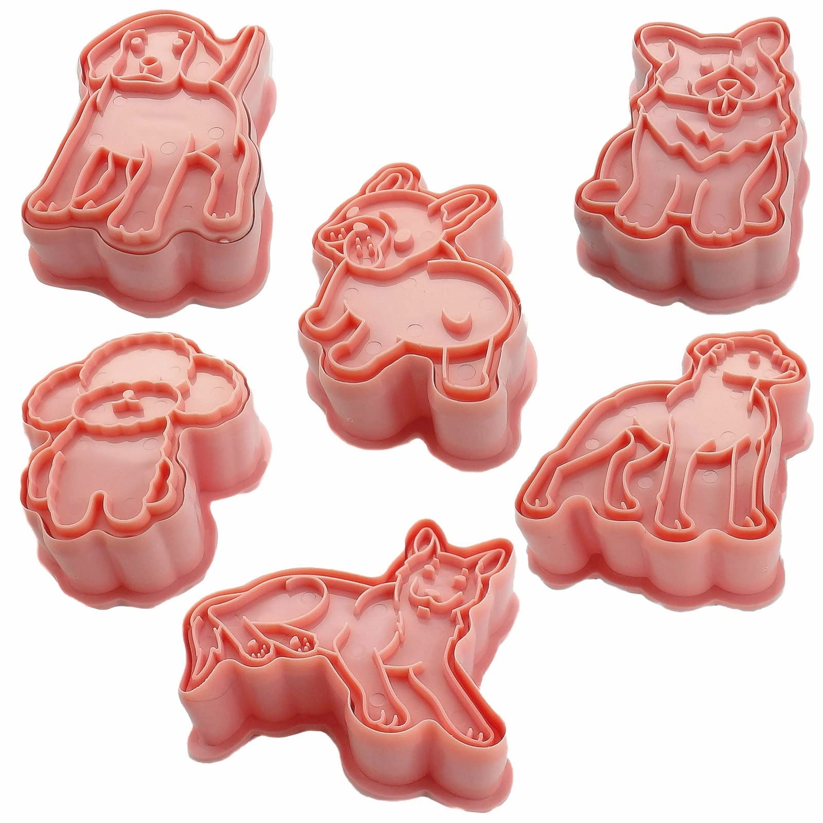 3D Dog Shaped Cookie Stamps Set, 6 Pcs Of Food Grade Plastic Doggy Stamping Cookie Cutters Fondant Stamper Set For Baking (Pink)