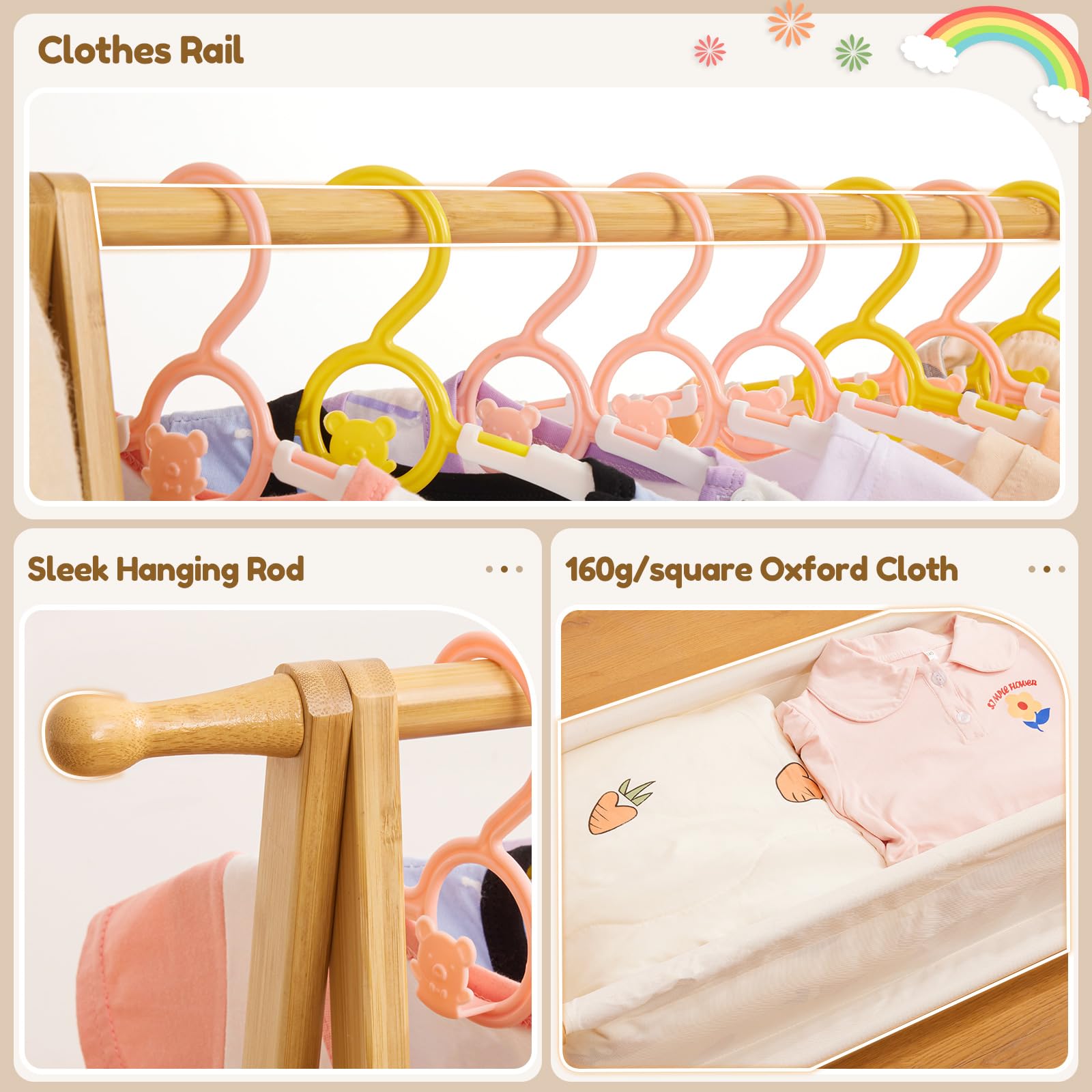 Cozivolife Kids Clothing Rack With Storage Box, Dress Up Holder, Child Garment Stand With Hanging Rods, Small And Foldable, Bamb