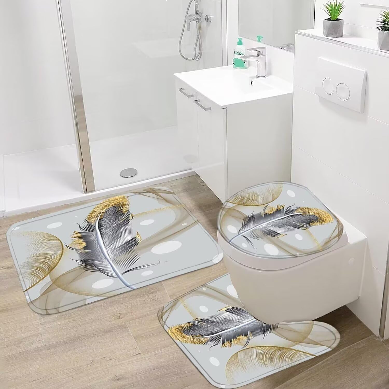 Ddqq 4Pcs Abstract Bubble And Feathers Shower Curtain Set Gray And Golden Bathroom Sets Shower Curtain With 12 Hooks Bathroom De