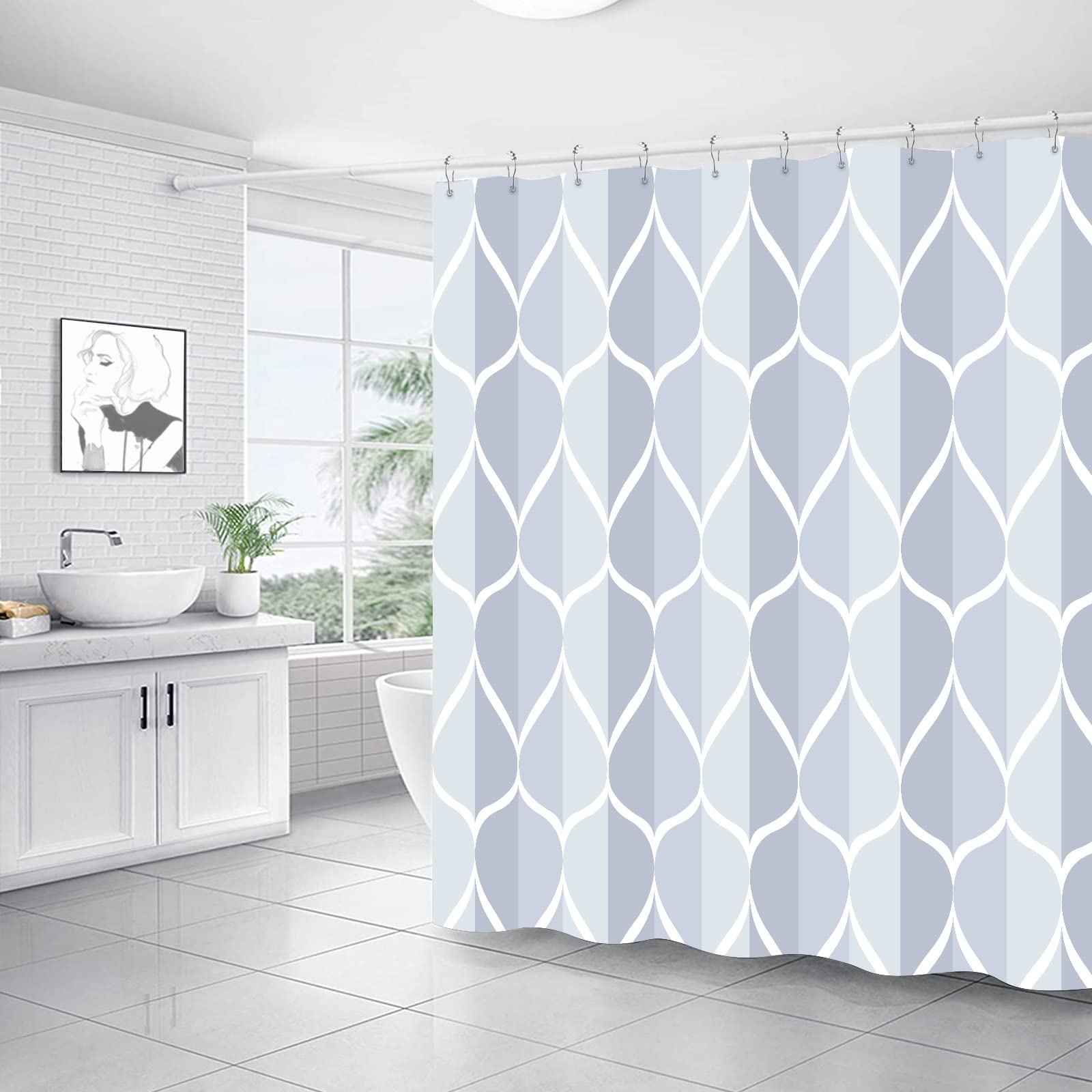 Gelbchu Light Blue Geometric Shower Curtain, Waterproof Design And Polyester, Quick-Drying, Weighted Hem, Blue Shower Curtains S