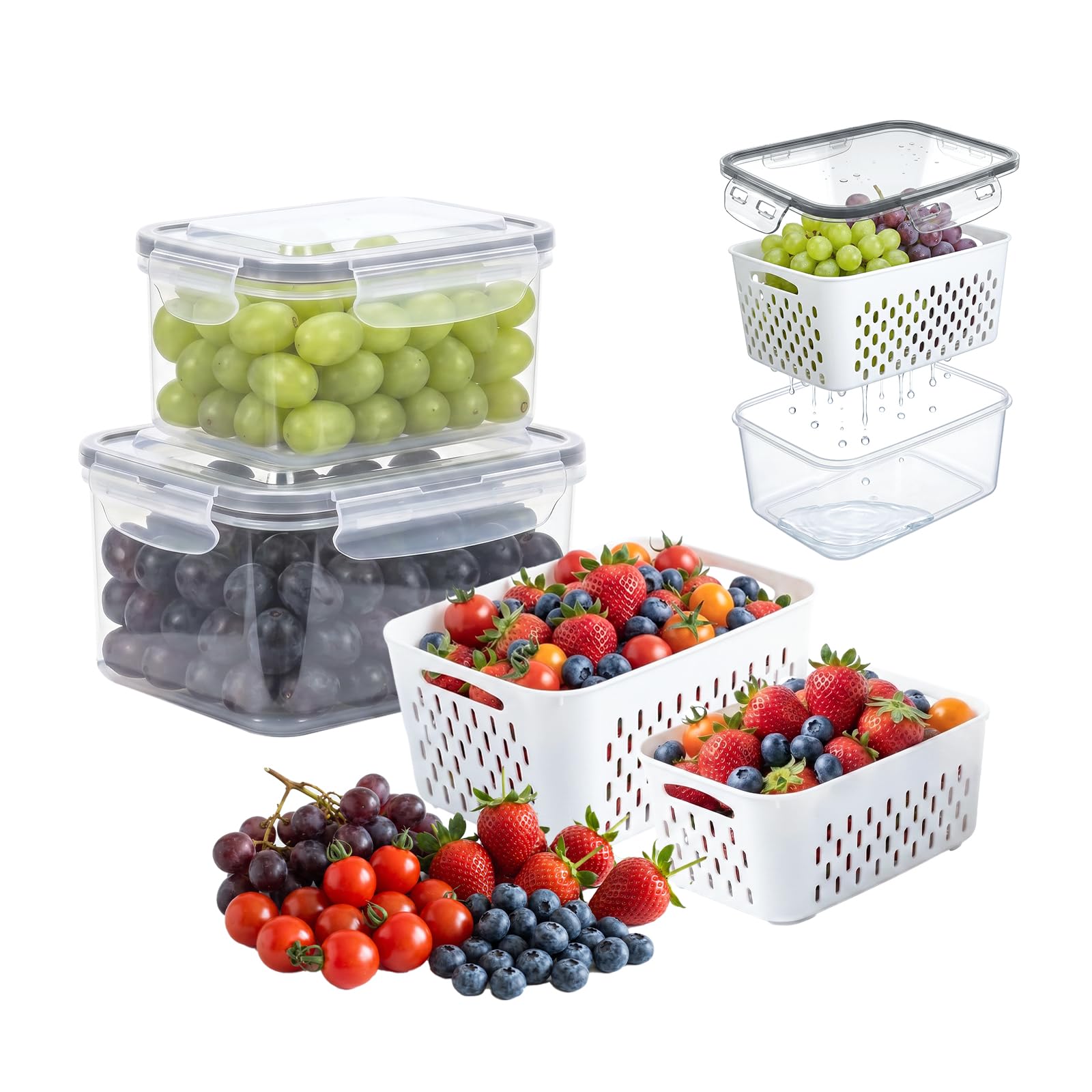 Fruit Storage Containers for Fridge, Grape Containers with BuiltIn Drain Basket, 2Pack NoLeak Design, Saves Space, Durable an