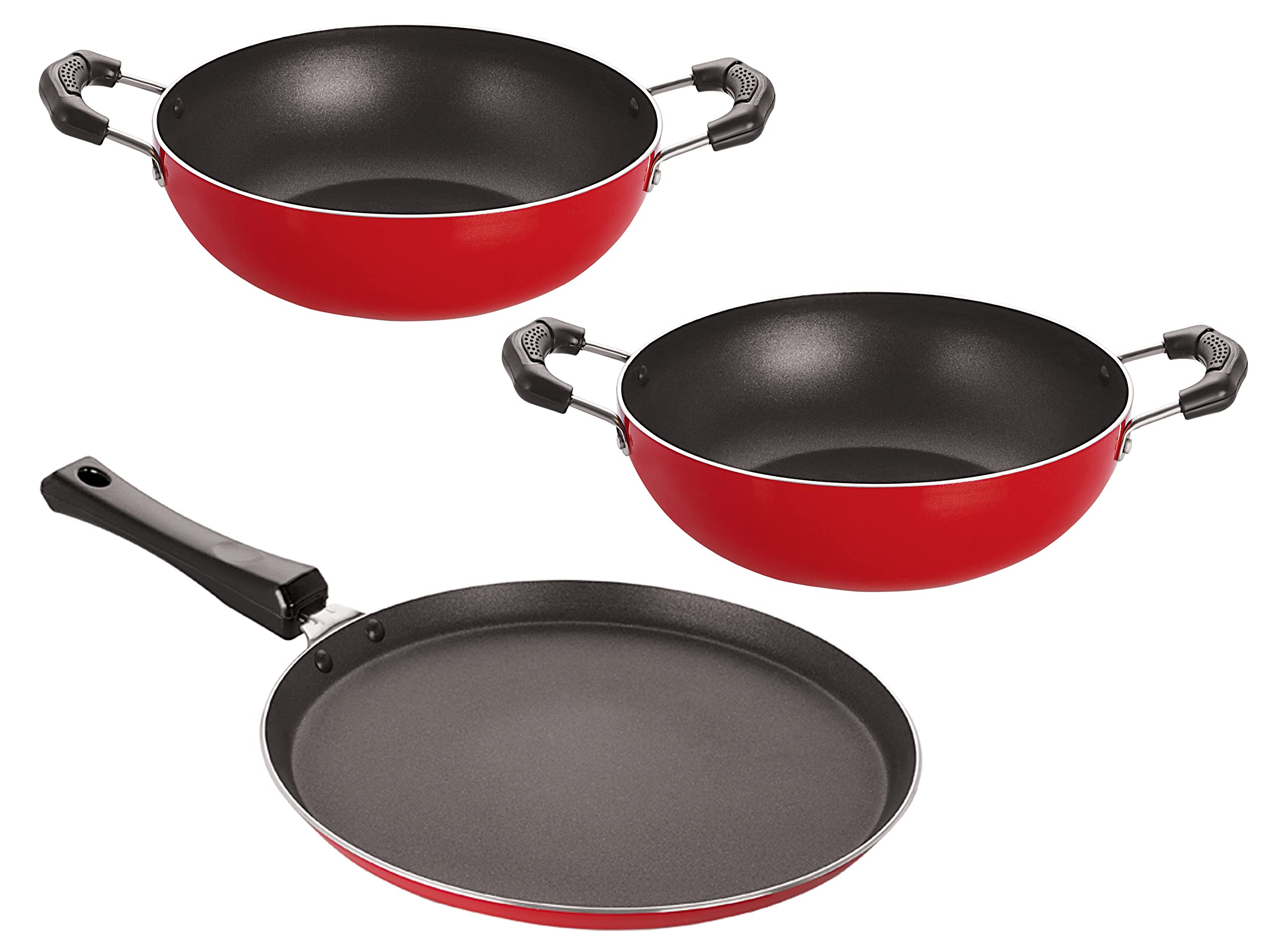 Set Of Tawas & Deep Kadai (Flat Tawa 27.5 Cm,Kadai 1.5 Ltr,Kadai 2.5 Ltr) Aluminium NonStick Red & Black