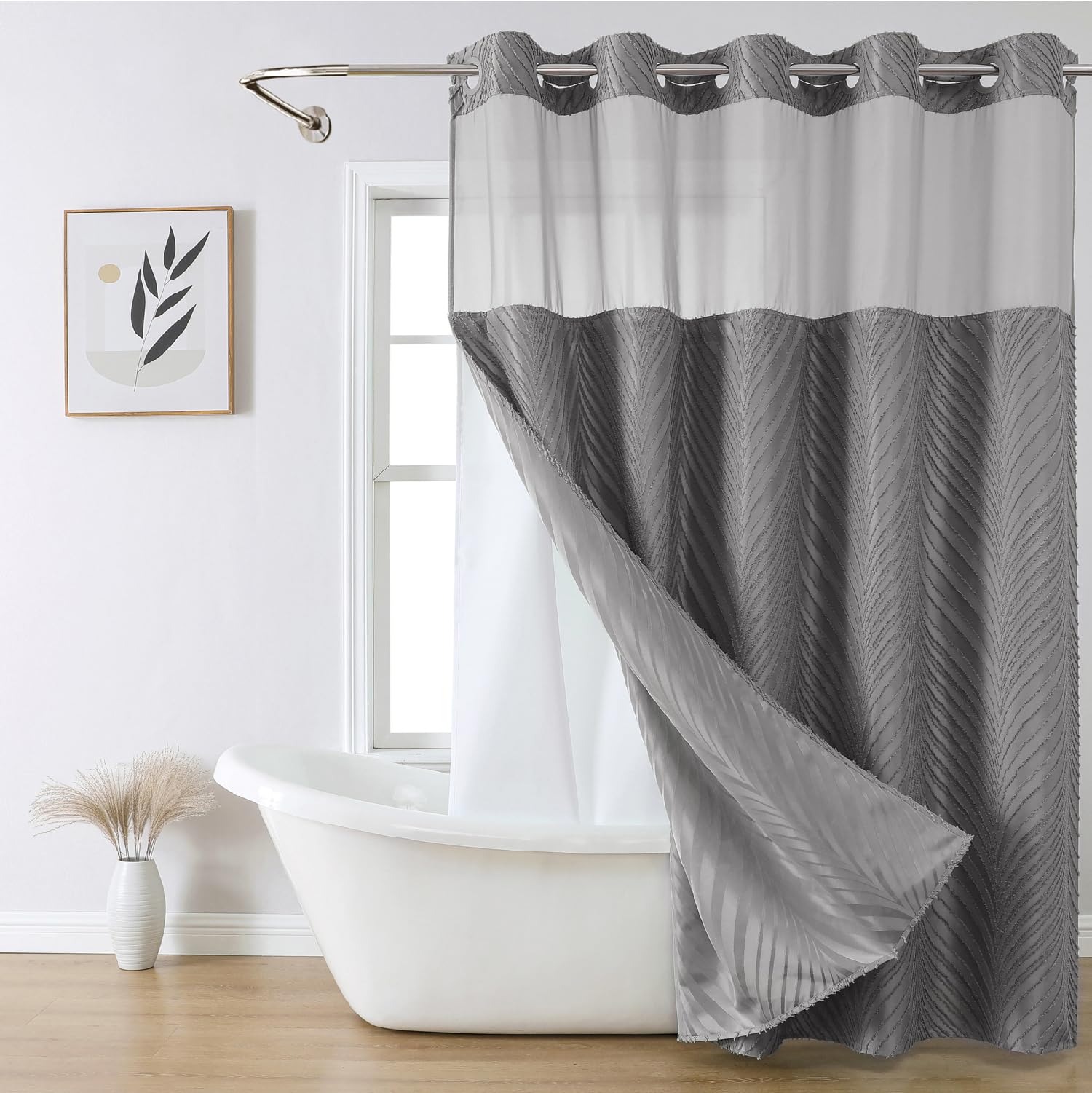 Eachope No Hook Shower Curtain And Liner Set,Boho Style With See Through Top Window, Grey Fabric Tufted Striped Textured Outer C