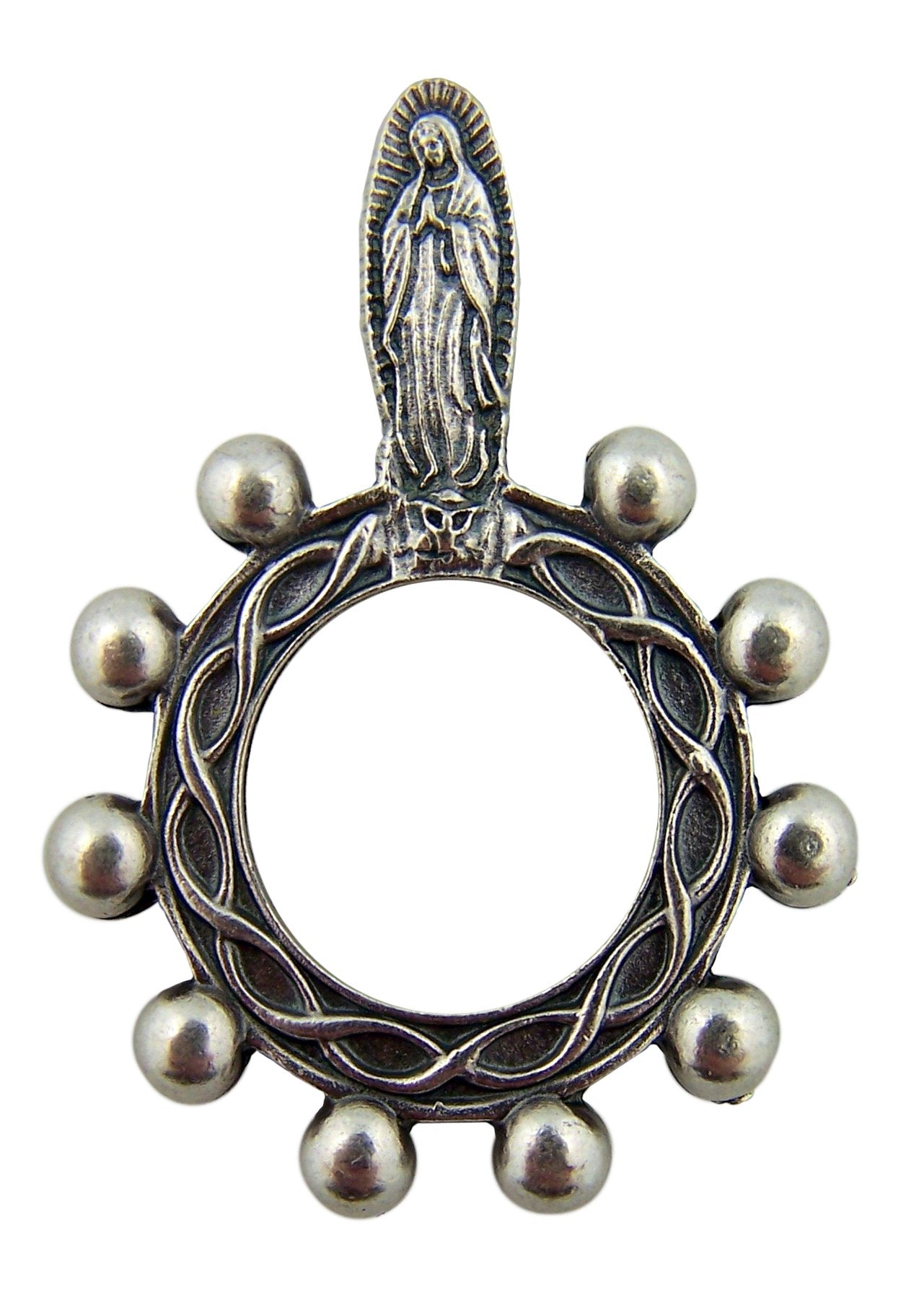 Religious Gifts Catholic Gift Silver Tone Our Lady of Guadalupe Crown of Thorns 1 3/4 Inch One Decade Rosary Ring
