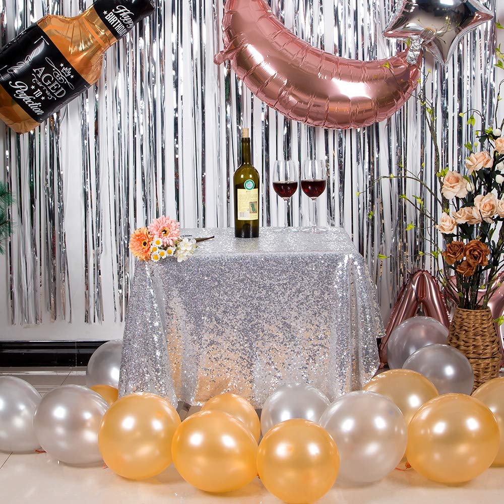 Jyflzq Silver Sequin Tablecloth 50 X 50 Square Sparkly Drape Table Cloths Table Cover Overlay For Wedding Birthday Party Baby Br